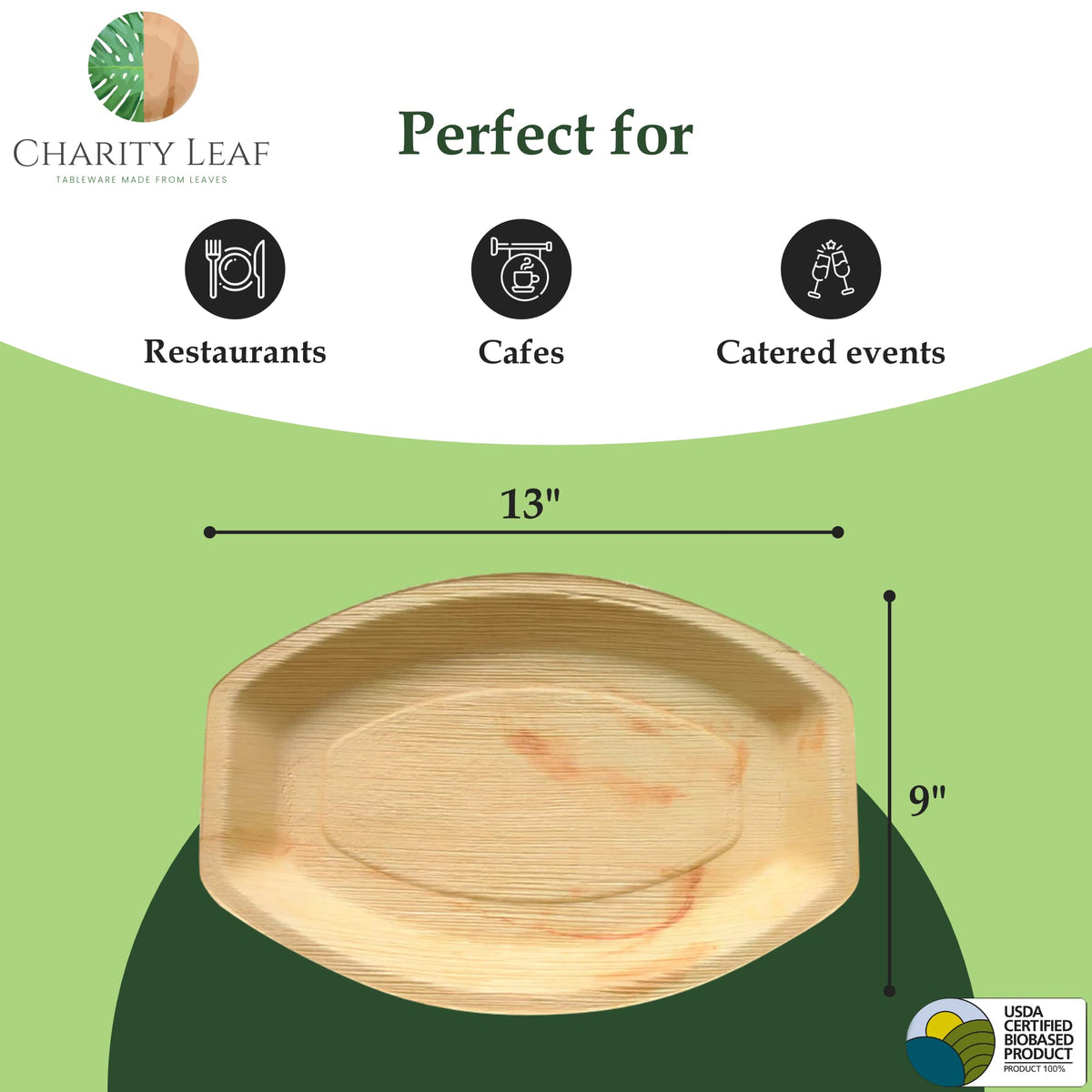 Charity Leaf Disposable Palm Leaf 13" x 9" Trays (25 pieces) Bamboo Like Serving Platters, Disposable Boards, Eco-Friendly Dinnerware For Weddings, Catering, Events