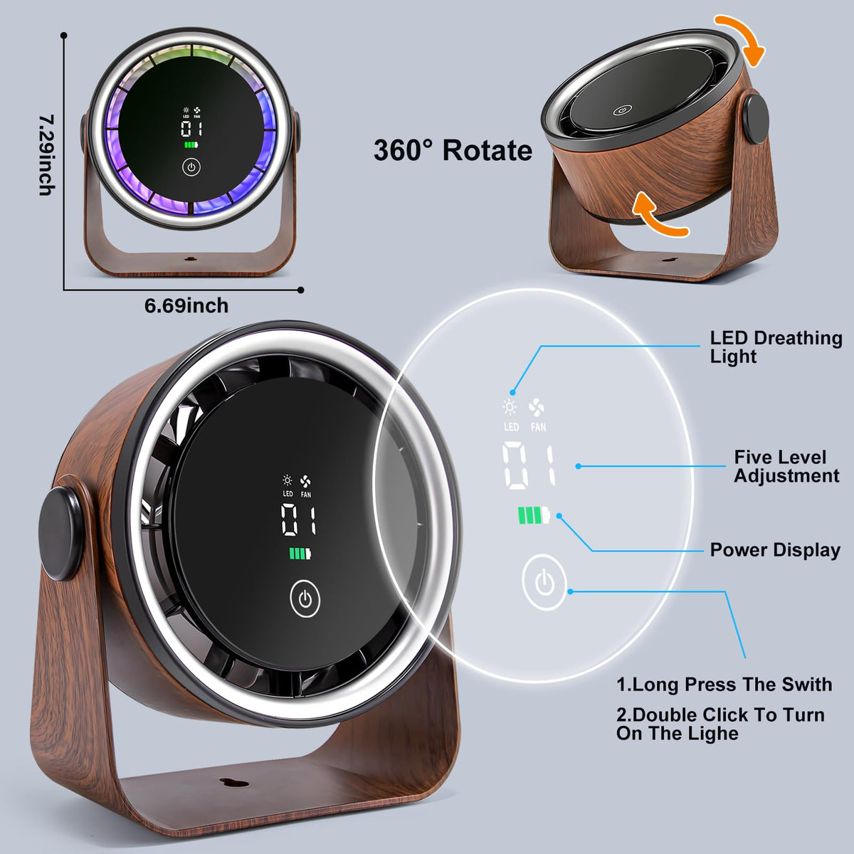 Small Desk Fan 5000mAh Rechargeable Battery Powered -Retro Low Noise Quiet Portable Gentle Blowing with LED Night Light Office Bedroom Table Top Wall Hanging Kitchen Camping Dorm 5-Speed 360° Rotation