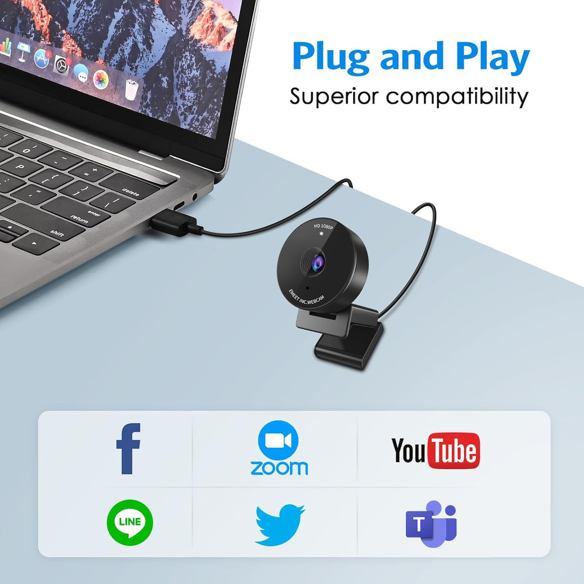 EMEET C950 1080P Webcam - USB Webcam with Microphone & Physical Privacy Cover, Auto Light Correction, Fixed Focus, USB Plug & Play, Ultra Web Cam w/ 70°View for Meeting/Online Classes/Zoom/YouTube