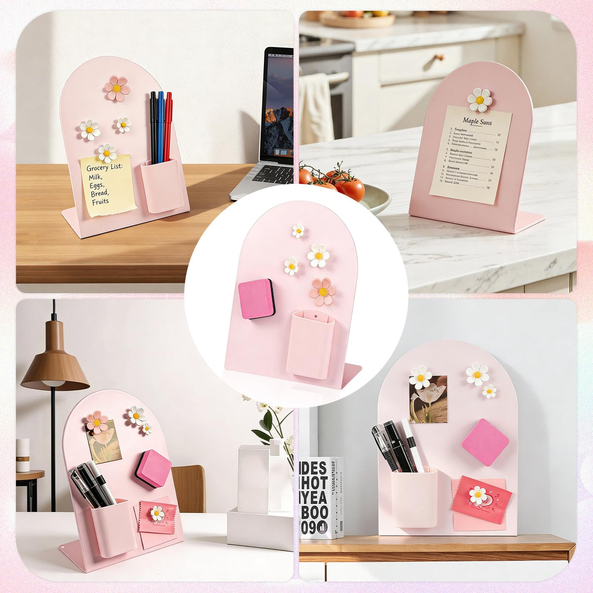 2 Pcs Magnetic Bulletin Board for Tabletops with 4 Flower Magnets, Magnetic Pen Holder, 10x7 Inch Memo Display Easel Stand Photo Display Board, Home School Office Kitchen Table Supplies