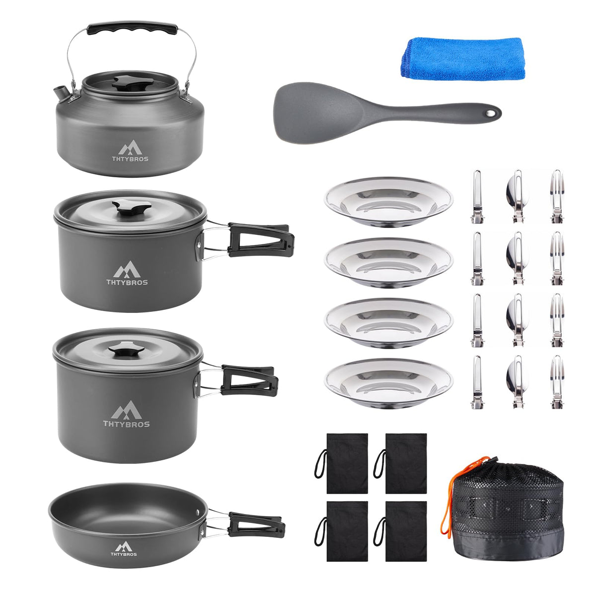 THTYBROS 27pcs Camping Cookware Mess Kit for 2-4 People, Portable Cookware Set with Kettle, Pots & Pans, Stainless Steel Utensils, Plates, Dishware for Backpacking, Picnic, Outdoor Adventures