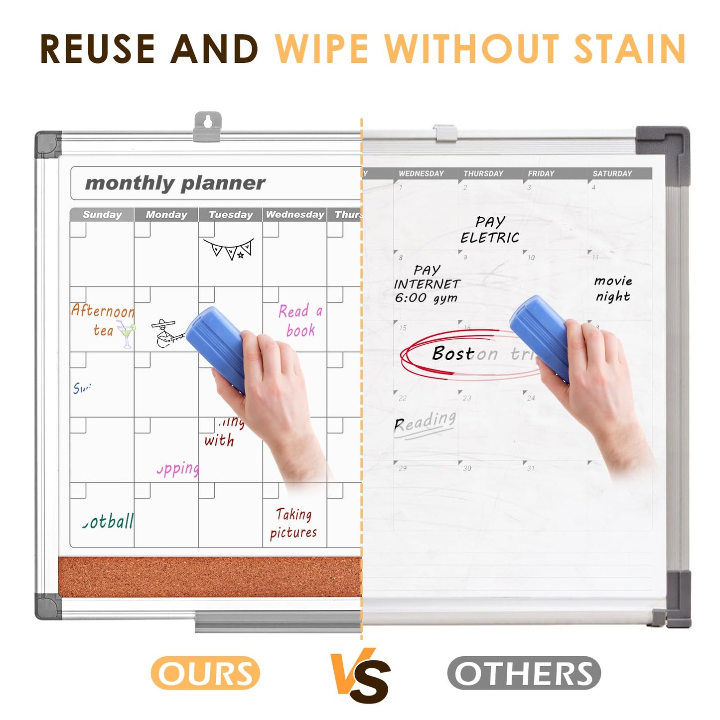 MAKELLO Dry Erase Calendar for Wall 24" x 18", Whiteboard Calendard with Cork Board for Office, Home, School, Family, Kitchen and Bedroom