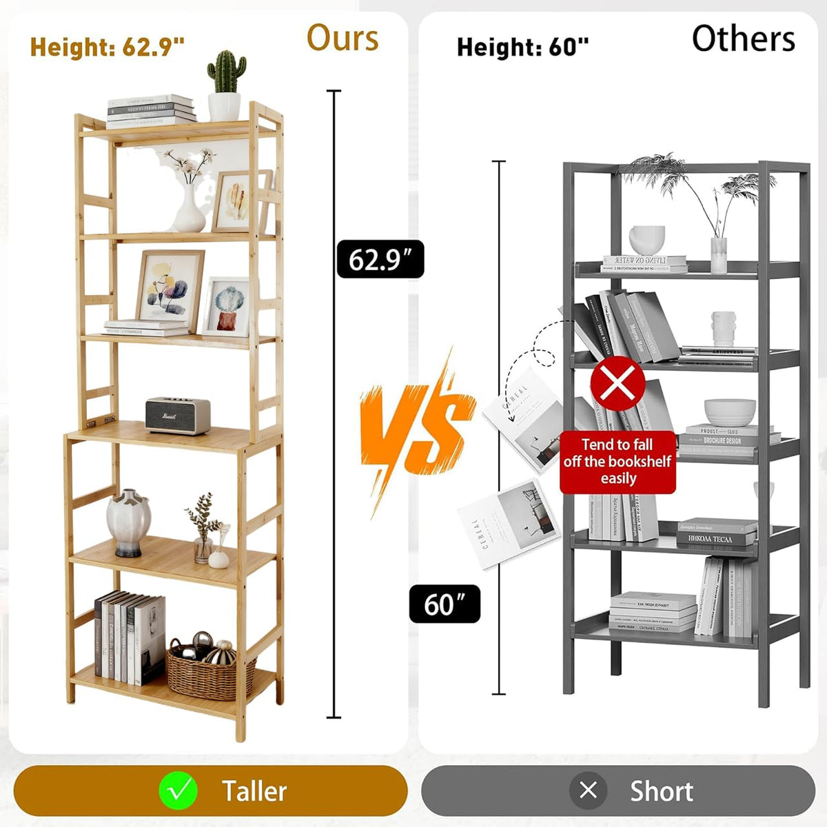 EIUTQRU Bamboo Living Room Bookcases, 6 Tier Standing Ladder Shelf Bookshelf, Multifunctional Narrow Shelving Unit Storage Rack for Garage, kitchen, Office, Bookroom, Corner, 42 x 30 x 160 cm