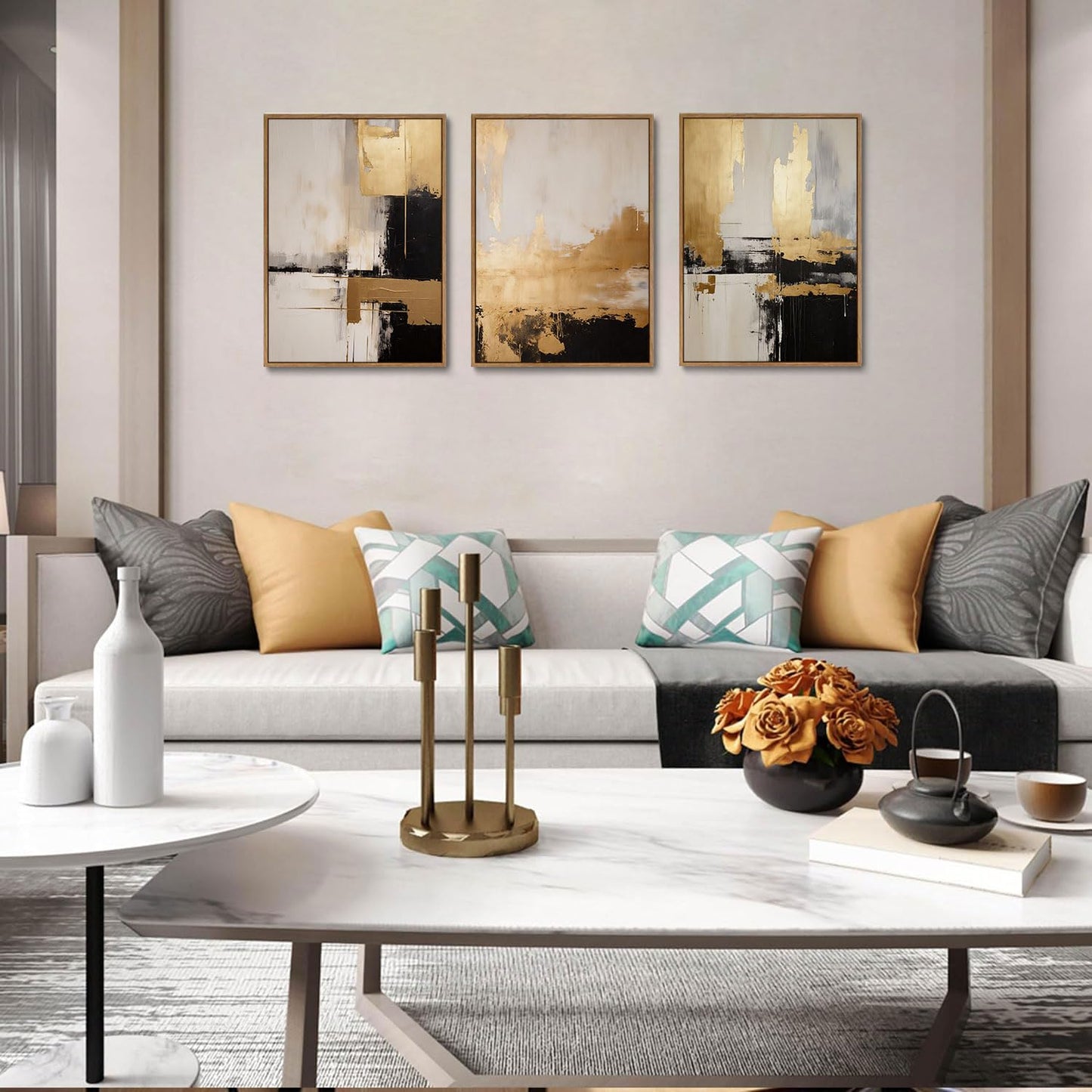KISSFOX 3 Piece Framed Wall Art Abstract Wall Decor Black Gold Textured Pictures Modern Minimalist Canvas Art Large Luxury Paintings Artwork For Living Room Bedroom Office