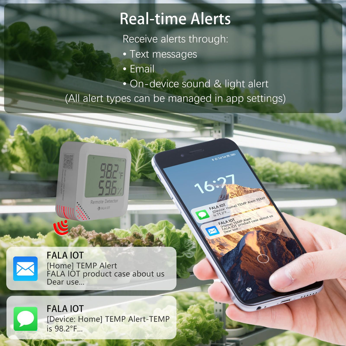 Remote WiFi Temperature & Humidity Sensor, No Subscription 24/7 Remote Temp Monitor with Email, Text Alerts, Sound & Light Alarm, Idea for RV, Pet, Greenhouse, Farm, Freezer, Server Room