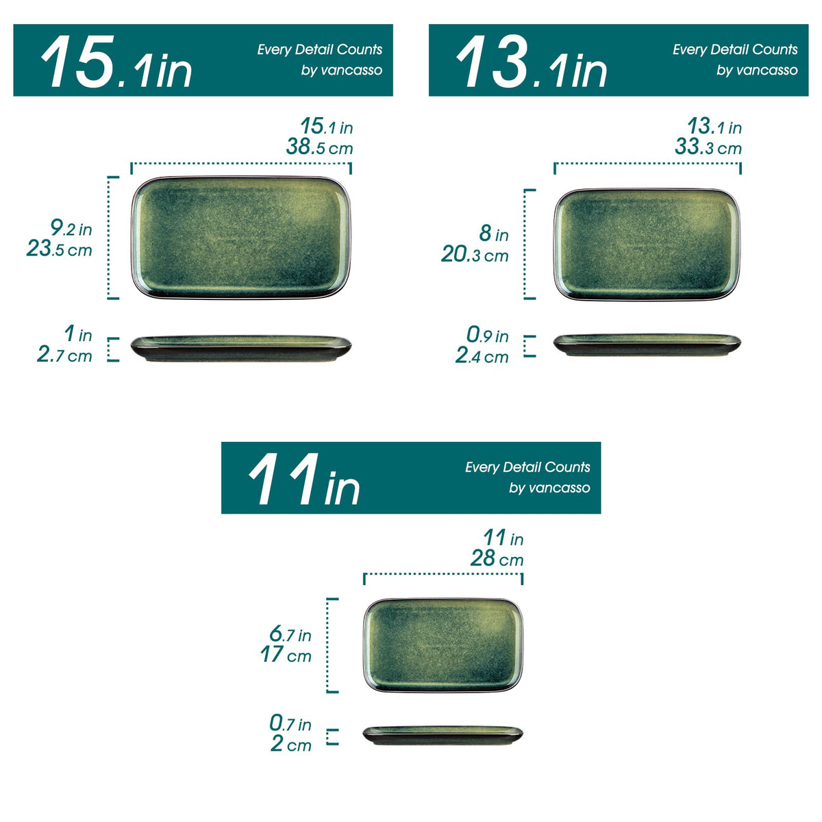 vancasso Stern Serving Platters Set of 3, 15/13/ 11 Inches Rectangular Serving Plates, Green Serving Trays for Entertaining, Party