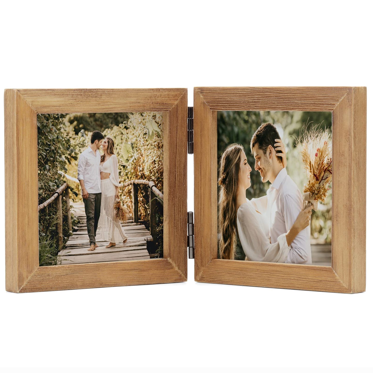 Janreefan Double 4X4 Picture Frames Hinged Folding Rustic Photo Frames in Brown for Wall Hanging or Tabletop Standing, Made of Pine Wood with Real Glass P-44 * 2-MU