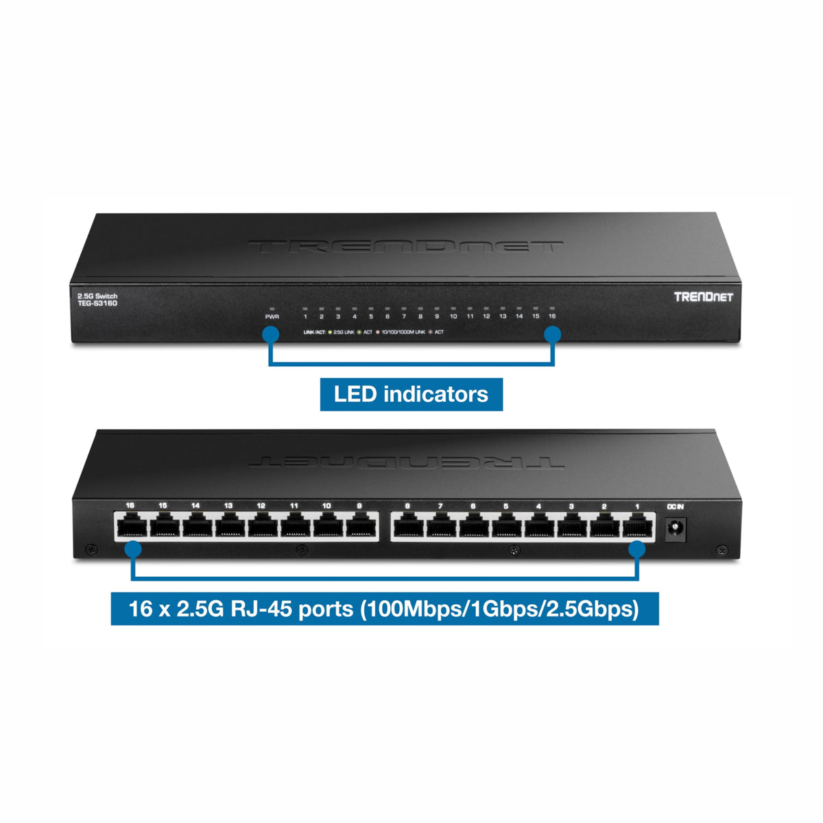 TRENDnet 16-Port Unmanaged 2.5G Desktop Network Ethernet Switch, TEG-S3160, 16 x 2.5Gb RJ-45 Ports, 80Gbps Switching Capacity, Ethernet Splitter, NDAA & TAA Compliant, Lifetime Protection, Black