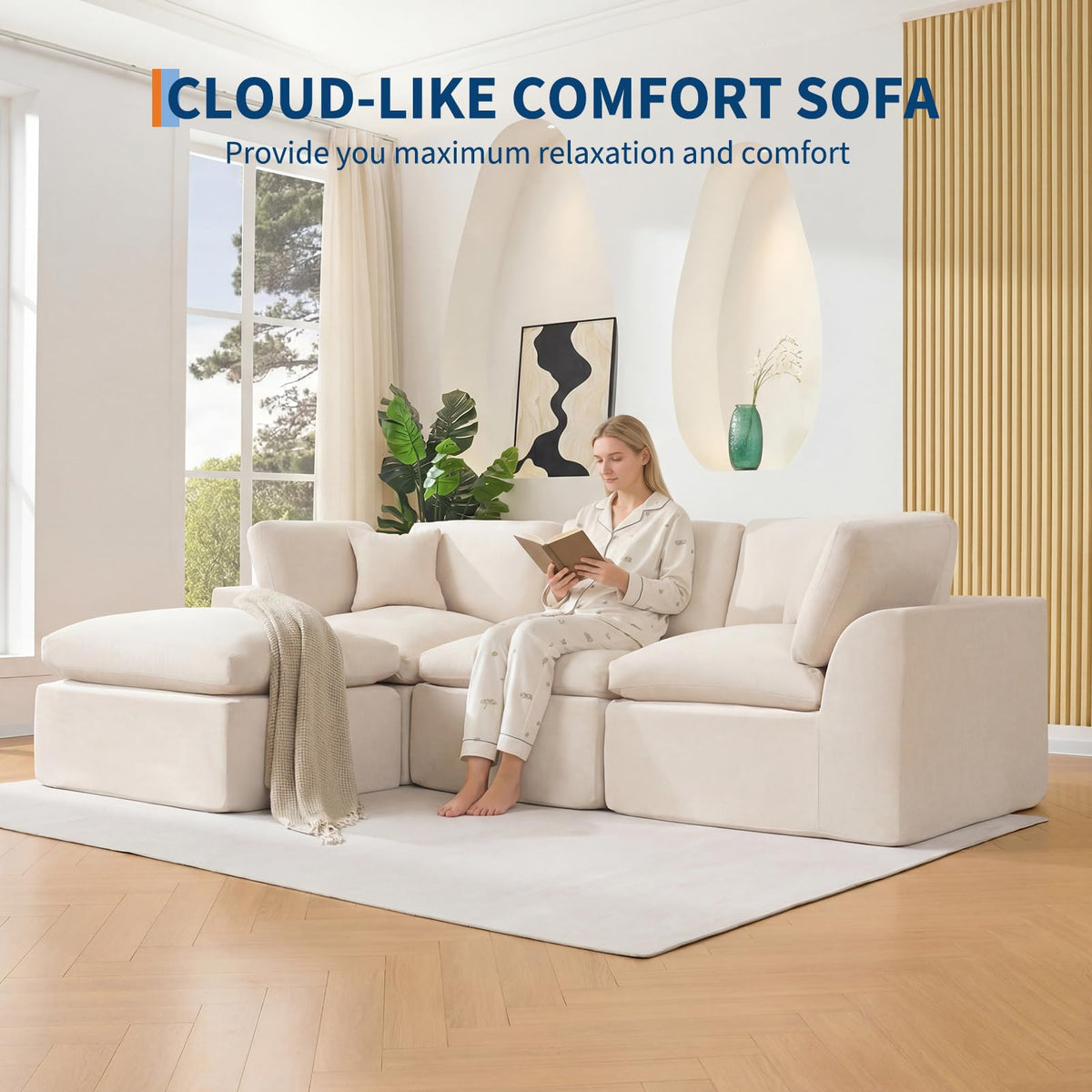 Garvee Modular Sectional Sofa, 110'' Sponge Compression Sofas with Deep Seat, Sectional Couches for Living Room and Bedroom, No Assembly Required, White