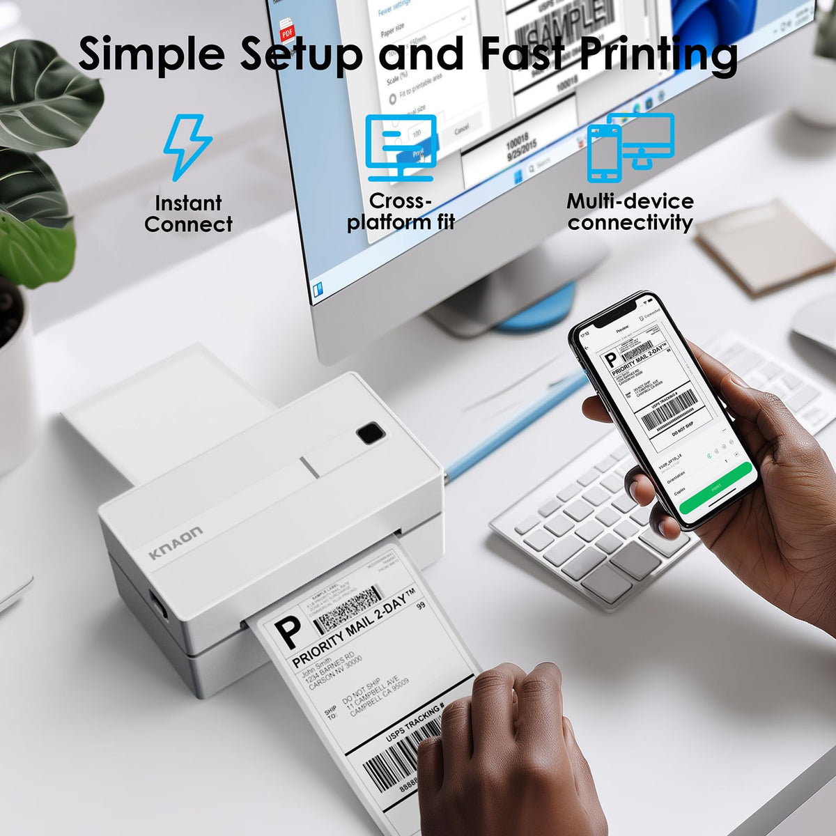 KNAON Bluetooth Thermal Shipping Label Printer, 4x6 Portable Thermal Address Label Printer for Small Business, Compatible with iPhone,Android,Windows,Mac–Works with Etsy Shopify USPS&More, White
