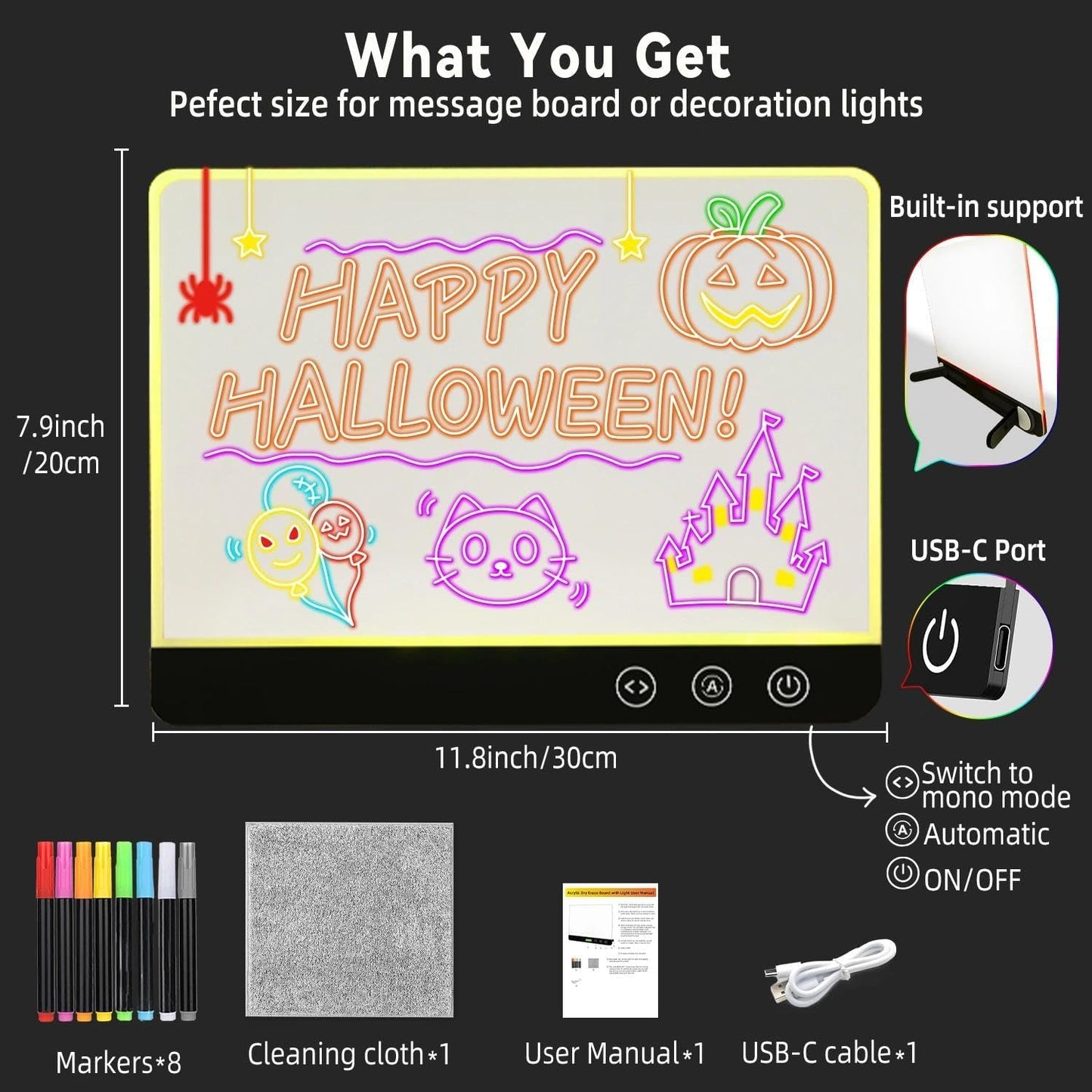 FAZHENWJ Acrylic Dry Erase Board with Light, Rechargeable LED Memo Board with 7 Colors & 4 Flash Modes, 12"x8" Light Up Desktop Message Board with Foldable Stand, Professional Glowing Note Pad