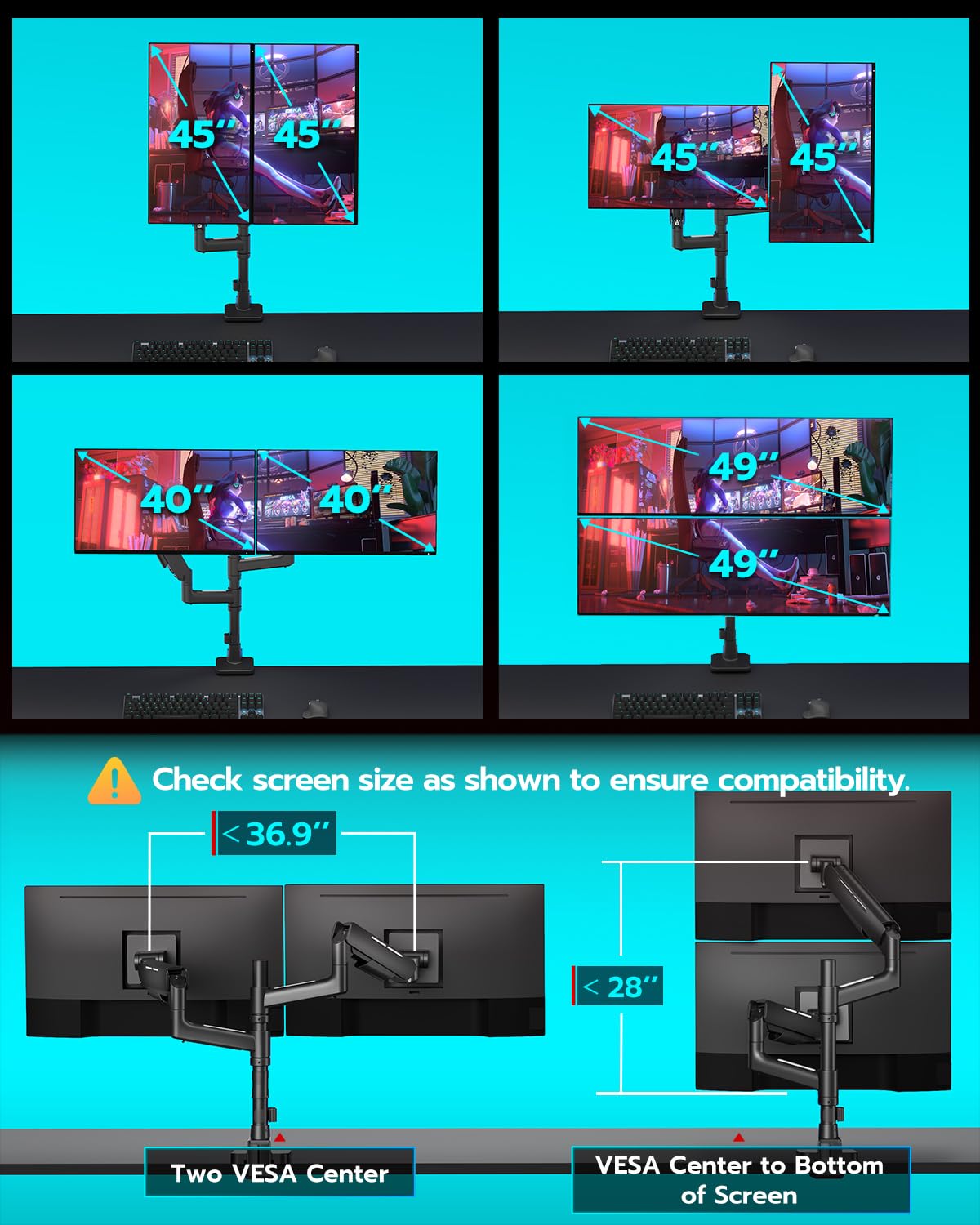 ARES WING Dual Monitor Mount for 17-49 Inch Ultrawide Heavy Duty Curved Screen Stacking, Computer Monitor Arm Desk Mount with USB, Gas Spring Adjustable Vesa Stand, Black