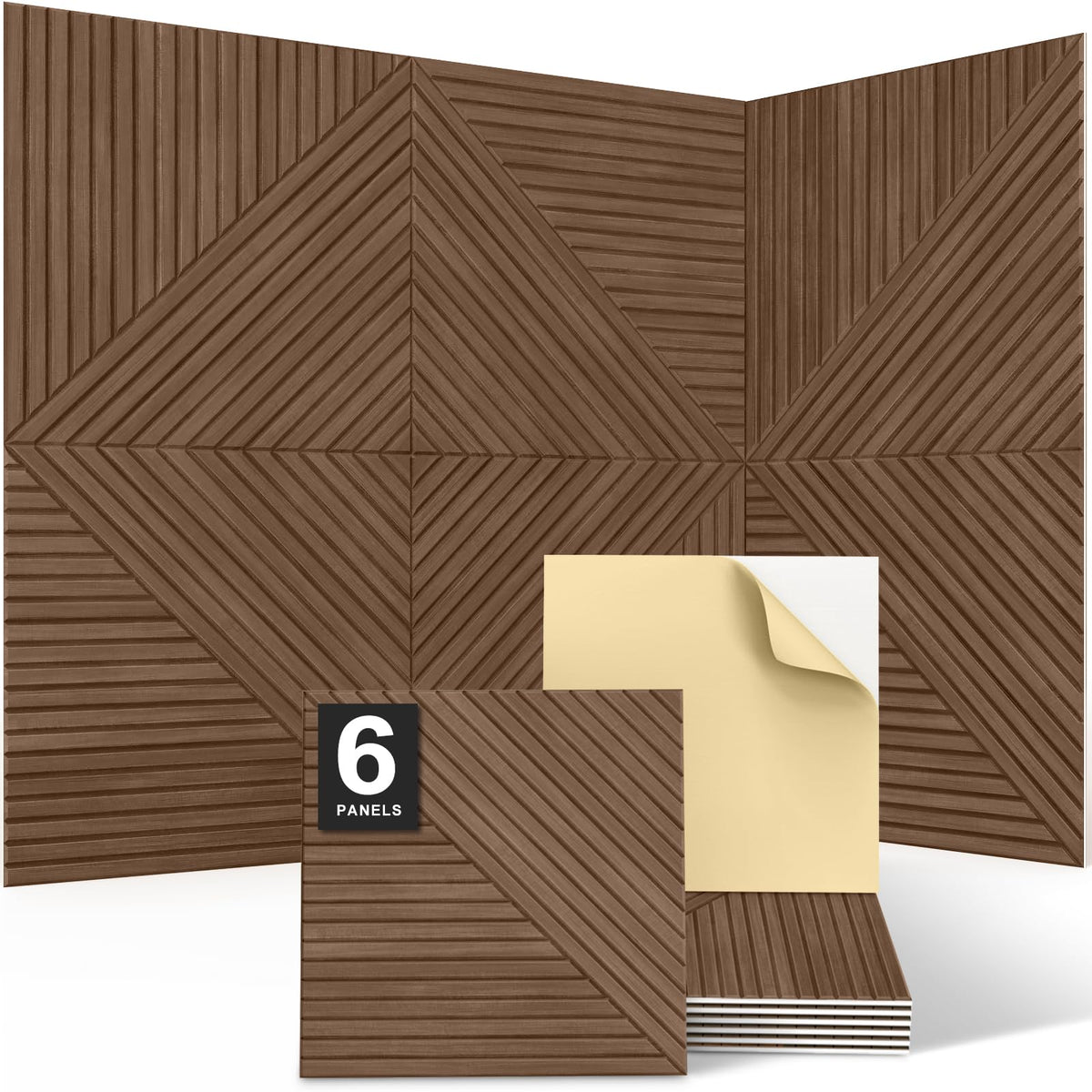 JBER Acoustical Wall Panels - 6 PCS 23.6 X 23.6 Inches Wood-Pattern Printing Sound Absorbing Panels, Large Self-Adhesive Decorative Soundproof Wall Panels for Studio,Home & Living Room(Teak)