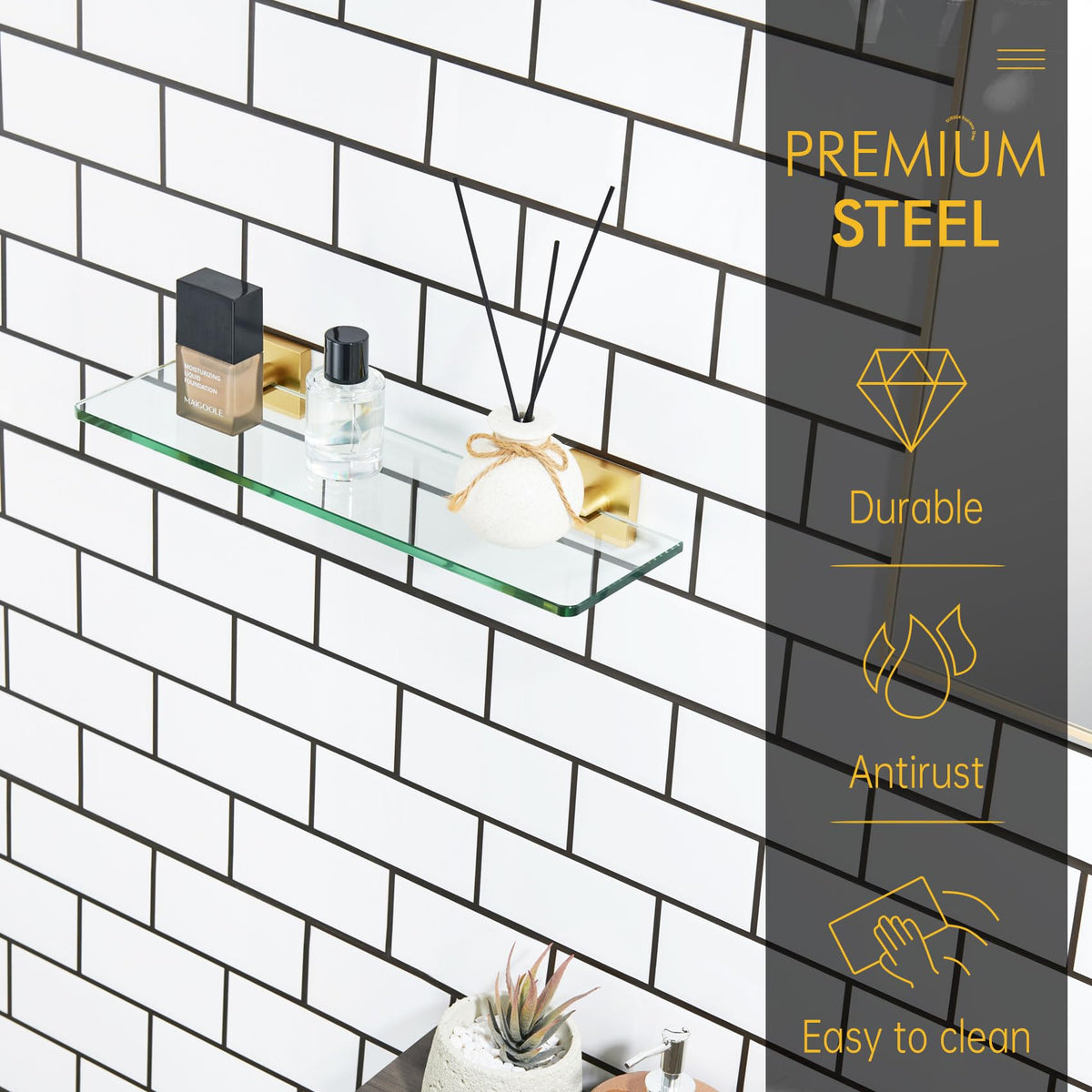KOKOSIRI Floating Wall Shelf 16-Inch Bathroom Tempered Glass Shelves Shower Hanging Rack for Kitchen Storage Home Decor, Gold Stainless Steel B1107BG-L16
