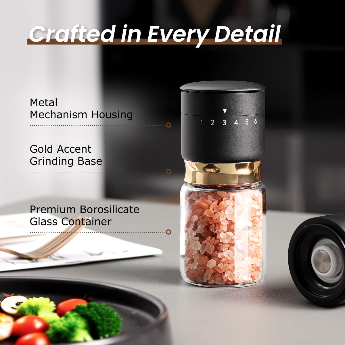 Gold Salt and Pepper Grinder Set with External Adjustable Coarseness Stainless Steel Sea Salt & Pepper Mill Set Ceramic Core Spice Grinder Refillable Glass Black and Gold Shaker Kitchen Accessories