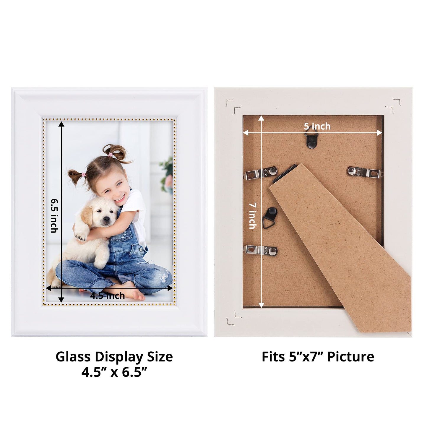 GraduationMall 5x7 Picture Frames, Real Glass, Display Photos for Wall or Tabletop, White with Gold Beads, 2-Pack