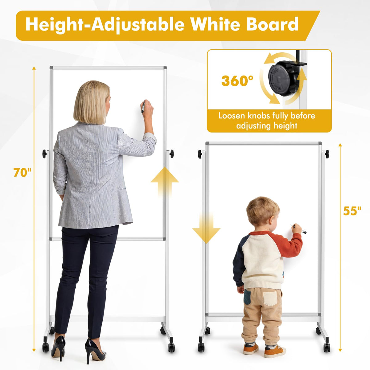 Rolling Whiteboard Corkboard Combo with Stand 24"x40", Double-Sided Mobile Dry Erase Bulletin Board on Wheels, Reversible Height Adjustable Standing Board for Home & Office