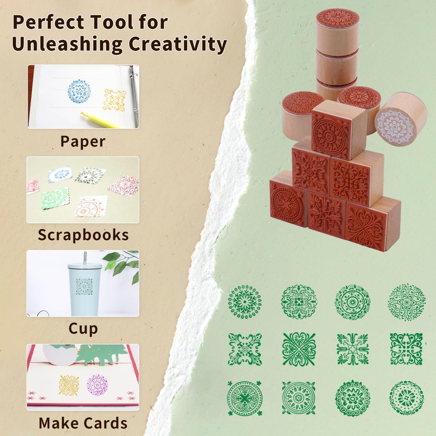16Pcs Rubber Stamps and Craft Ink Pads, Decorative Wooden Stamps with Ink Pads for Stamps, Wood Stamps for Crafting, Letters, Scrapbooking and DIY Craft Card