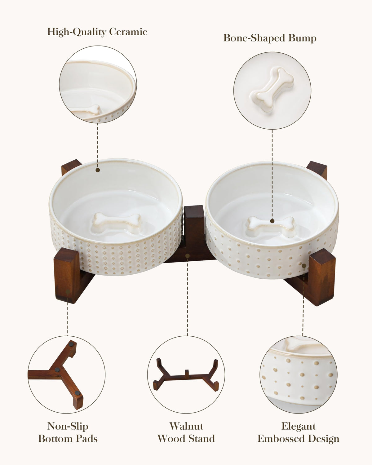MALACASA Dog Bowl Set with Walnut Wood Stand, 1.5 Cups Ceramic Pet Bowls for Puppy Dogs, Dual Food and Water Bowls with Weighted Non-Slip Base, Basic Bowls for Your Dog or Cat, Rhombic & Polka Dots
