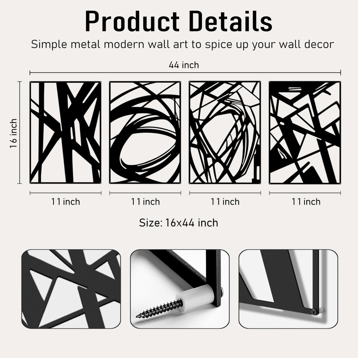 Bakovity Black Abstract Wall Art, Metal Art Wall Decor, Modern Large Wall Art, 3D Abstract Wall Sculptures for Bedroom Bathroom Living Room (4 Pack, 16 x 11 in)