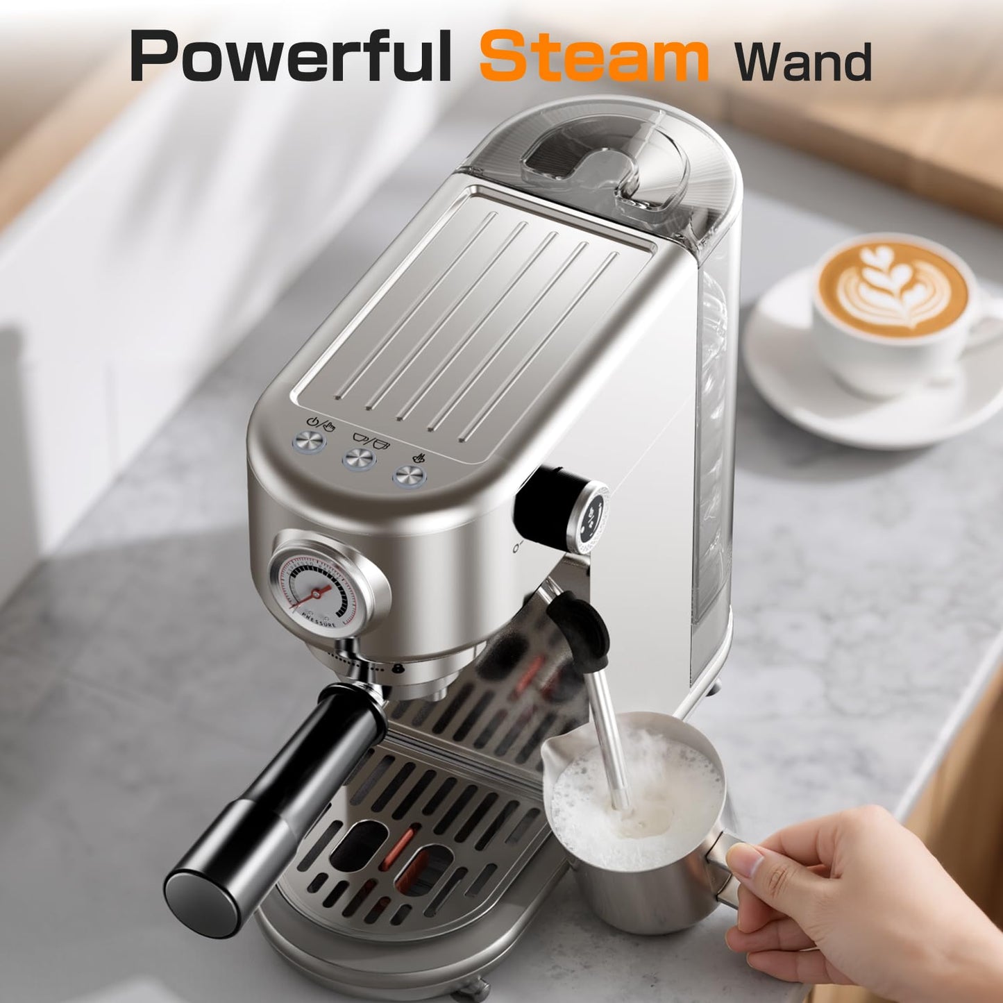 atatix Espresso Machine, 20 Bar Compact Espresso Coffee Machine with Milk Frother, Stainless Steel Coffee Maker with 44oz Removable Water Tank & Fast Heat System for Cappuccino, Latte
