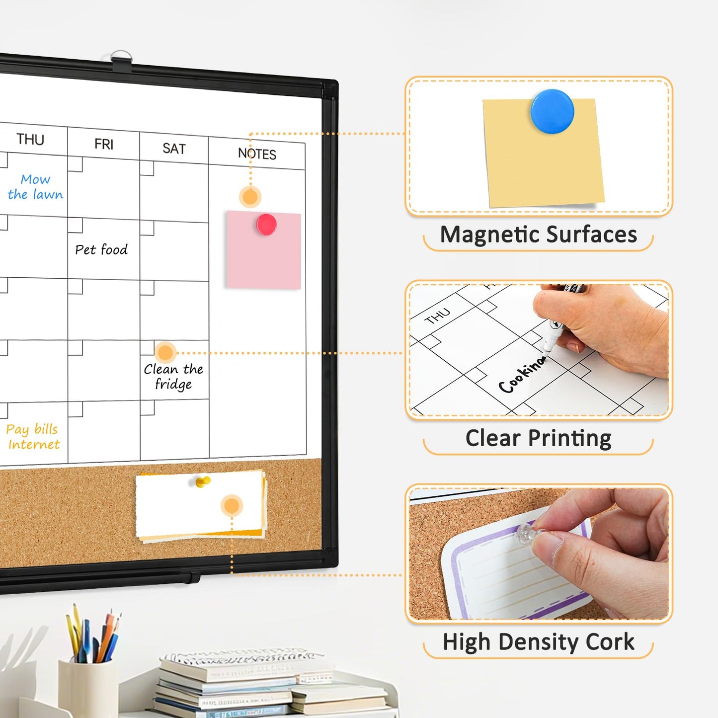 QUEENLINK Dry Erase Calendar Board for Wall, 24"x18" Magnetic Whiteboard Calendar Double-Sided Monthly White Board with Cork Board, Black Aluminum Frame Memo Message Board for Office, Home, School