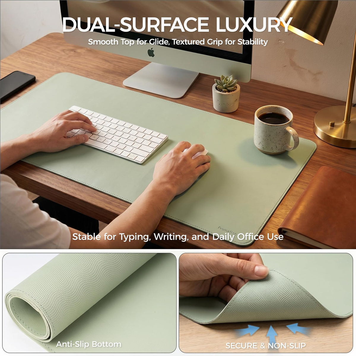 PROMATTOO Large Desk Pad Non-Slip Desk Mat Protector for Keyboard Mouse Waterproof Vegan Leather Surface Faux Leather Laptop Mat Smooth Mouse Pad Premium Gift Tube Matcha Green 35" x 17"