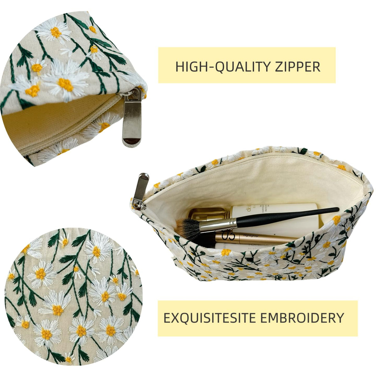 RIKMOXR 2 Pcs Makeup Bags, Large Cosmetic Bag Travel Toiletry Bag Organizer for Women, Embroidery Craft, Floral Makeup Bag Small Cosmetic Pouch Purse with Zipper Gifts for Girls Teen