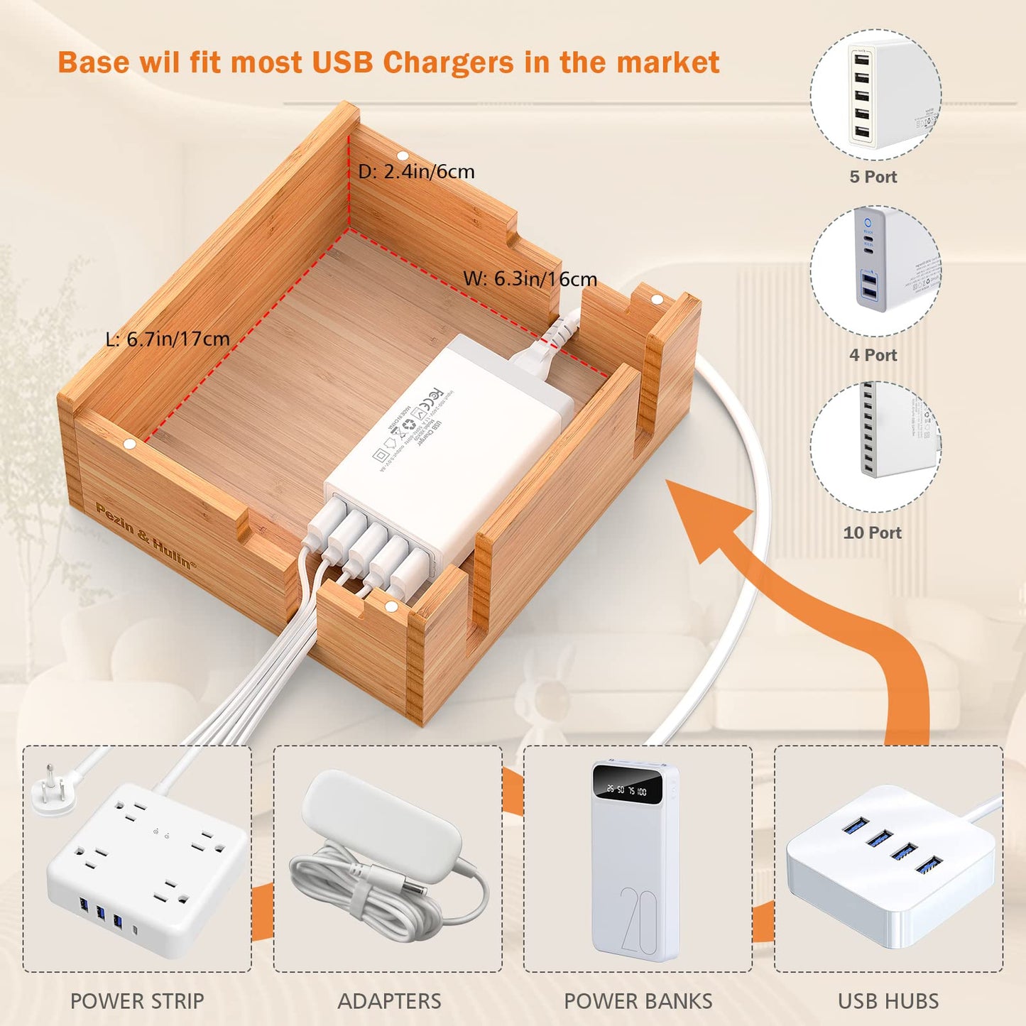 Pezin & Hulin Bamboo Charging Station for Multiple Devices Include 5 Port USB Charger, 5 Cables, Desktop Organizer for Phones, Tablet, Wooden Docking Stations