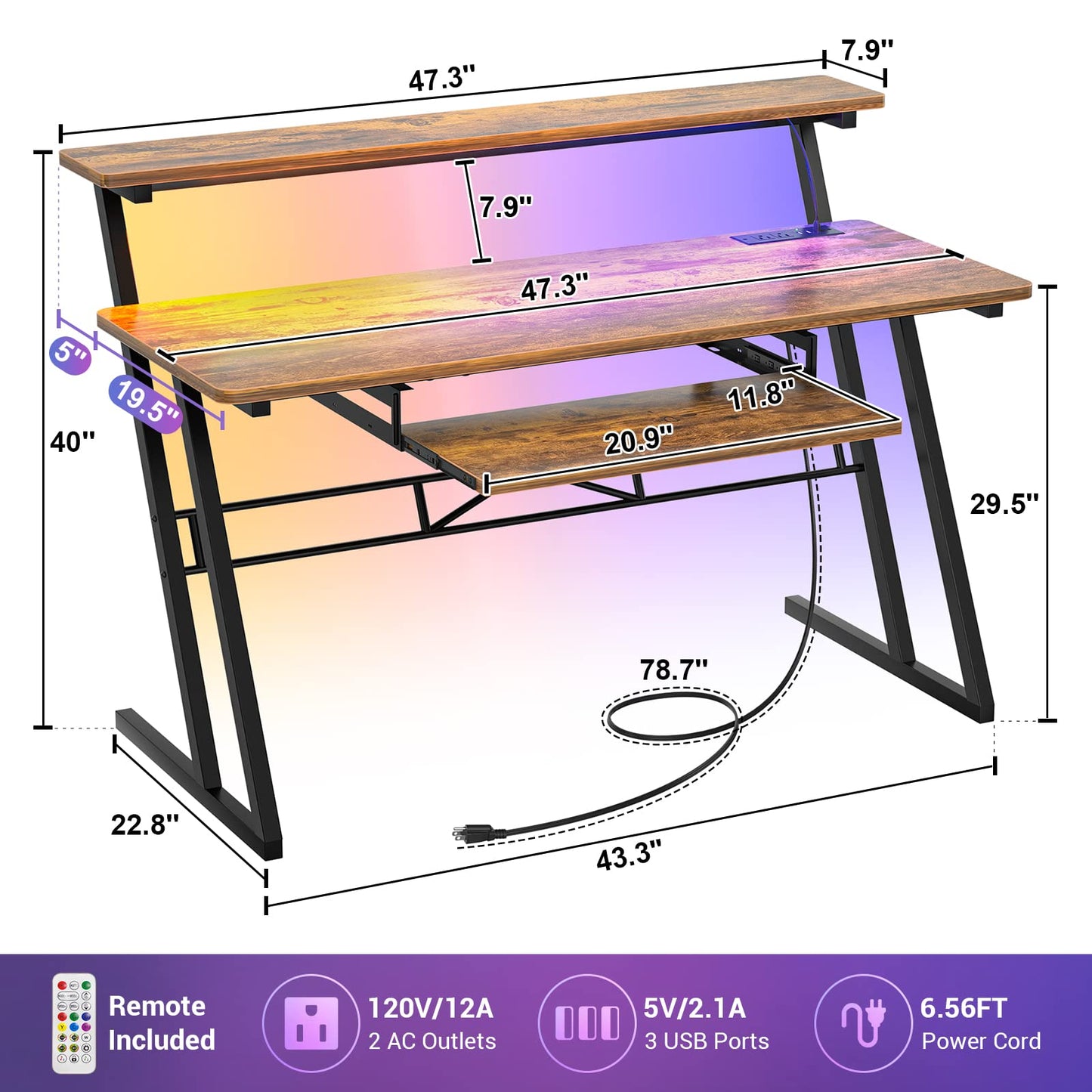 Armocity Music Studio Desk, Music Production Workstation with Power Outlets and RGB LED Lights, Recording Studio Table Desks Music Producer for Home, Rustic Brown