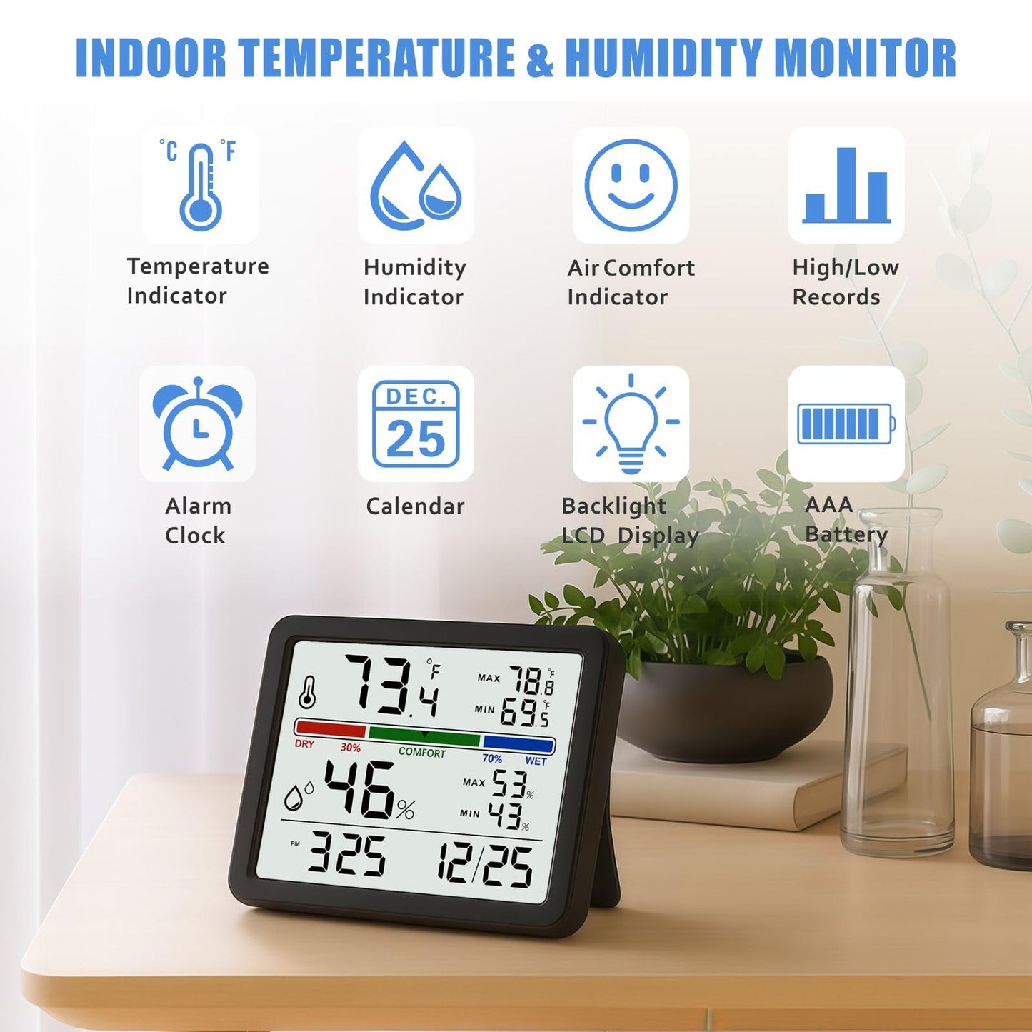 Digital Thermometer Hygrometer, Plumeet Indoor Wall Thermometer with Backlight, Digital Alarm Clock, Date, Air Comfort Indicator, Max Min Record, Desktop Thermometer for Home, Black