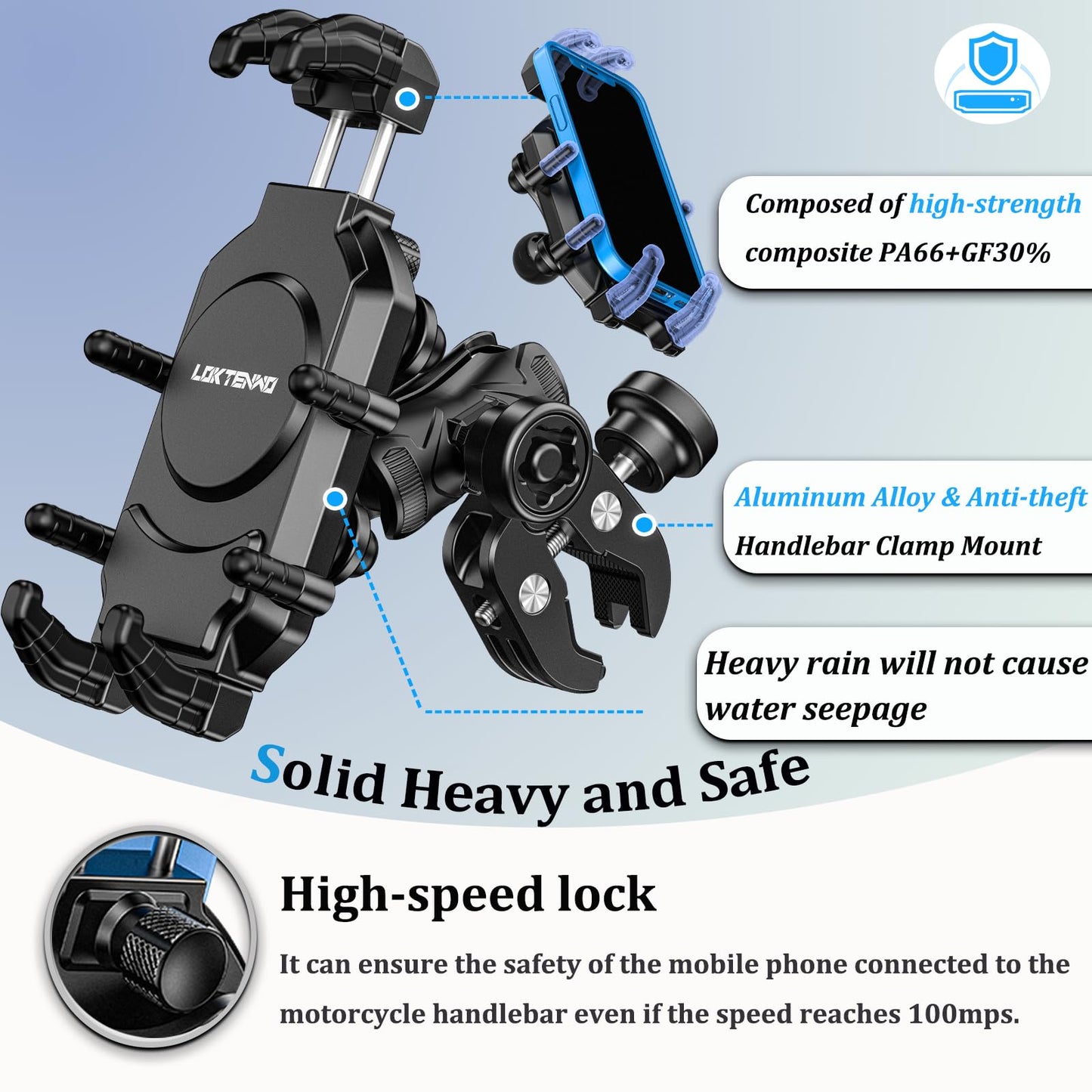 LOKTENWO Motorcycle Phone Mount with Vibration Dampener & High-Speed Secure Lock, Anti-Theft ATV Scooter Motorcycle Handlebar Phone Holder for 5.4” to 7.2” Smartphone