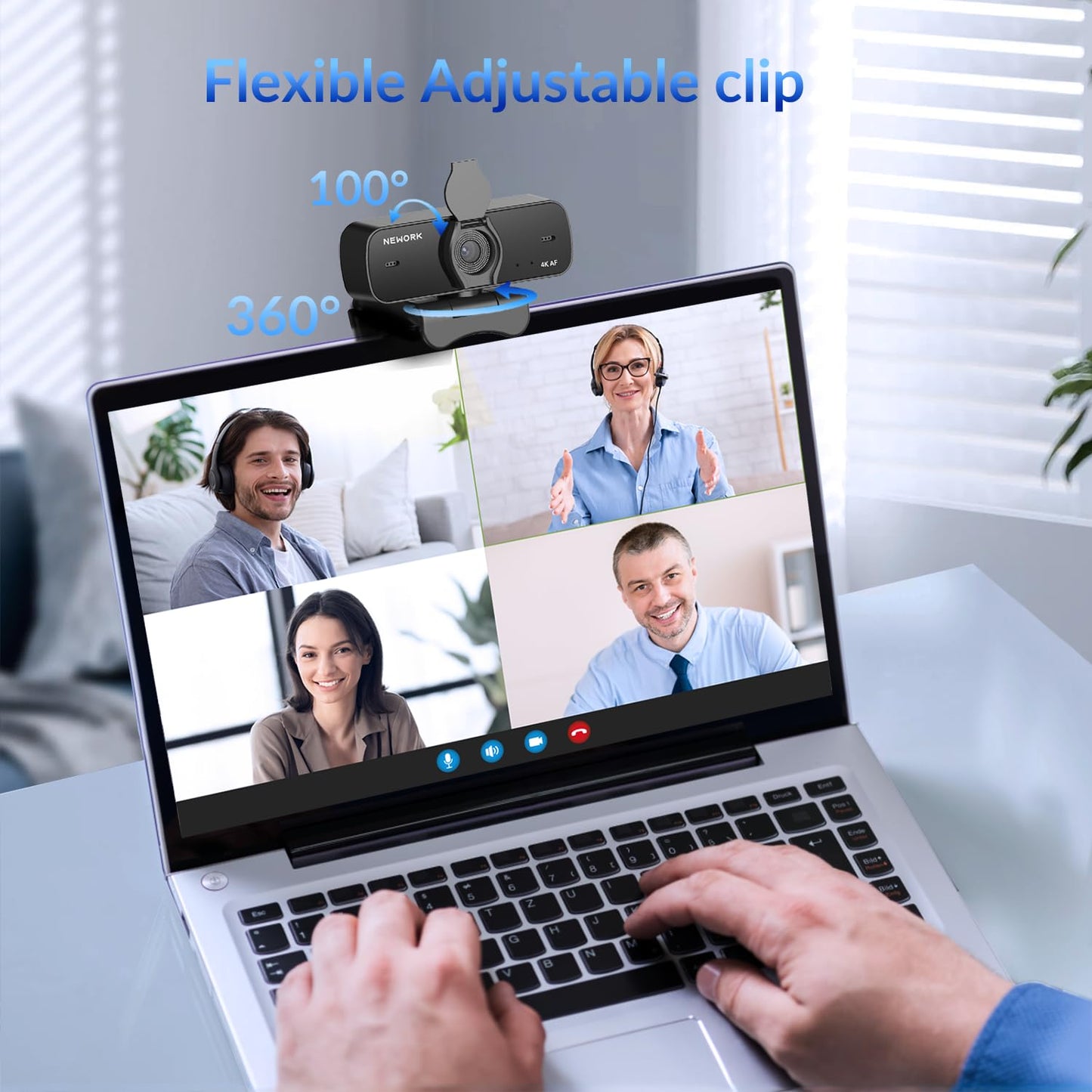 NEWORK 4K Webcam for PC with 2 Noise-Cancelling Microphones, Stable Auto Focus, Plug&Play Computer Camera for Online Teaching, Meetings, and Remote Communication (with Tripod)