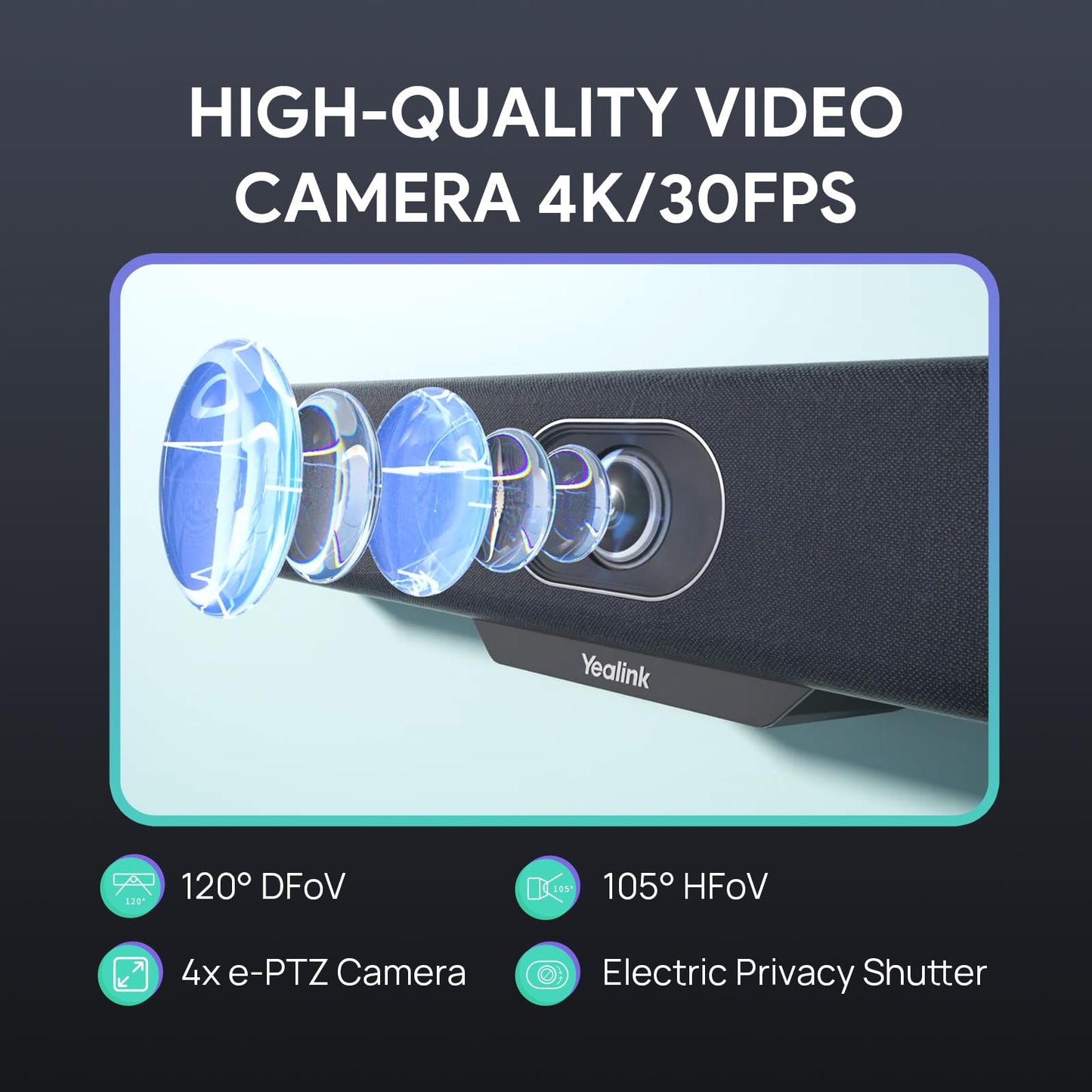 Yealink Video Conference Camera, 4K Webcam, 120° Ai Auto Framing, 8 Microphone Arrays & Speaker Tracking, Ai Noise Cancellation Teams Certified, Meetingbar A10 All-in-one Conference Room Camera System