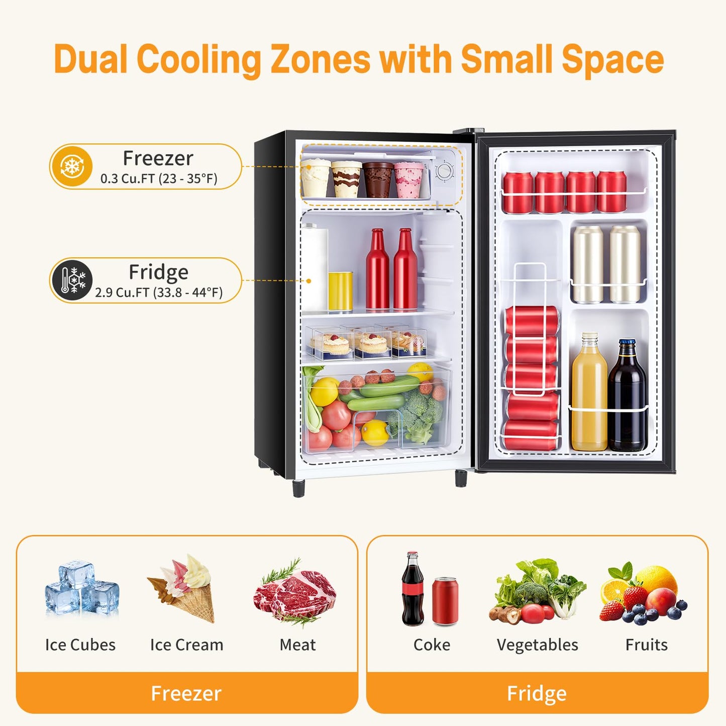 KMFurnila Mini Fridge with Freezer, 3.2 Cu.Ft Mini Refrigerators, Small Beverage Fridge with Adjustable Thermostat, for Bedroom, Office, Dorm, Single Door, Quiet & Energy Saving, Black