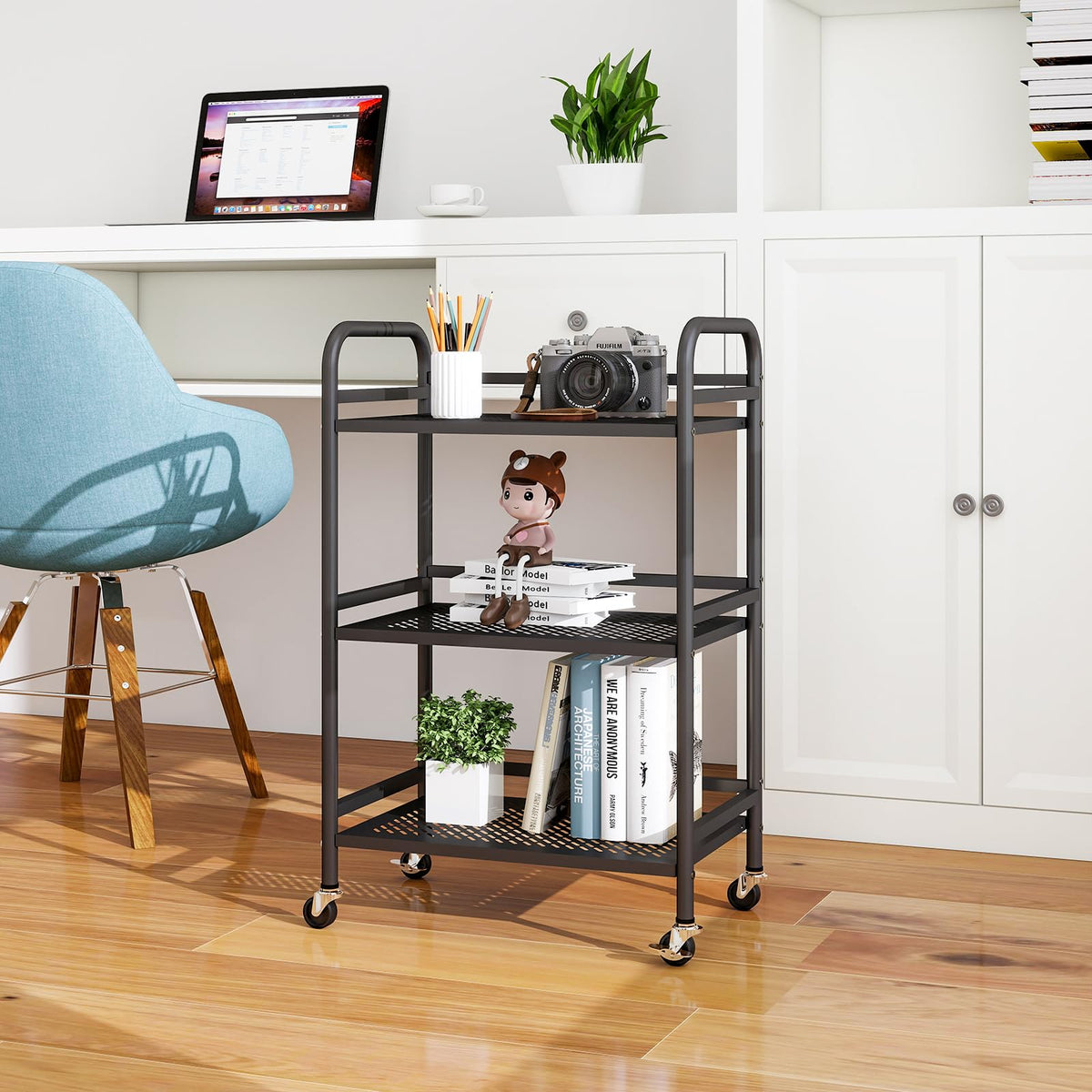 HDANI 3 Tier Rolling Cart,Heavy Duty Multifunctional Metal Frame-Supports 22 Lbs Per Tier,Mesh Rolling Cart with 2 Lockable Wheels for Office,Home,Bedroom,Kitchen,Bathroom,Black