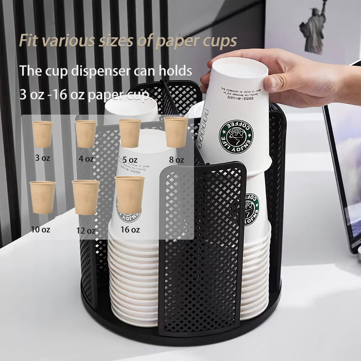 Heagoale Paper Cup and Lid Holder Plastic Cup Storage Organizer Coffee Cup Dispenser for Countertop, Breakroom, Bathroom, Coffee Station, Bar, Buffet, Kitchen Cabinet - Black