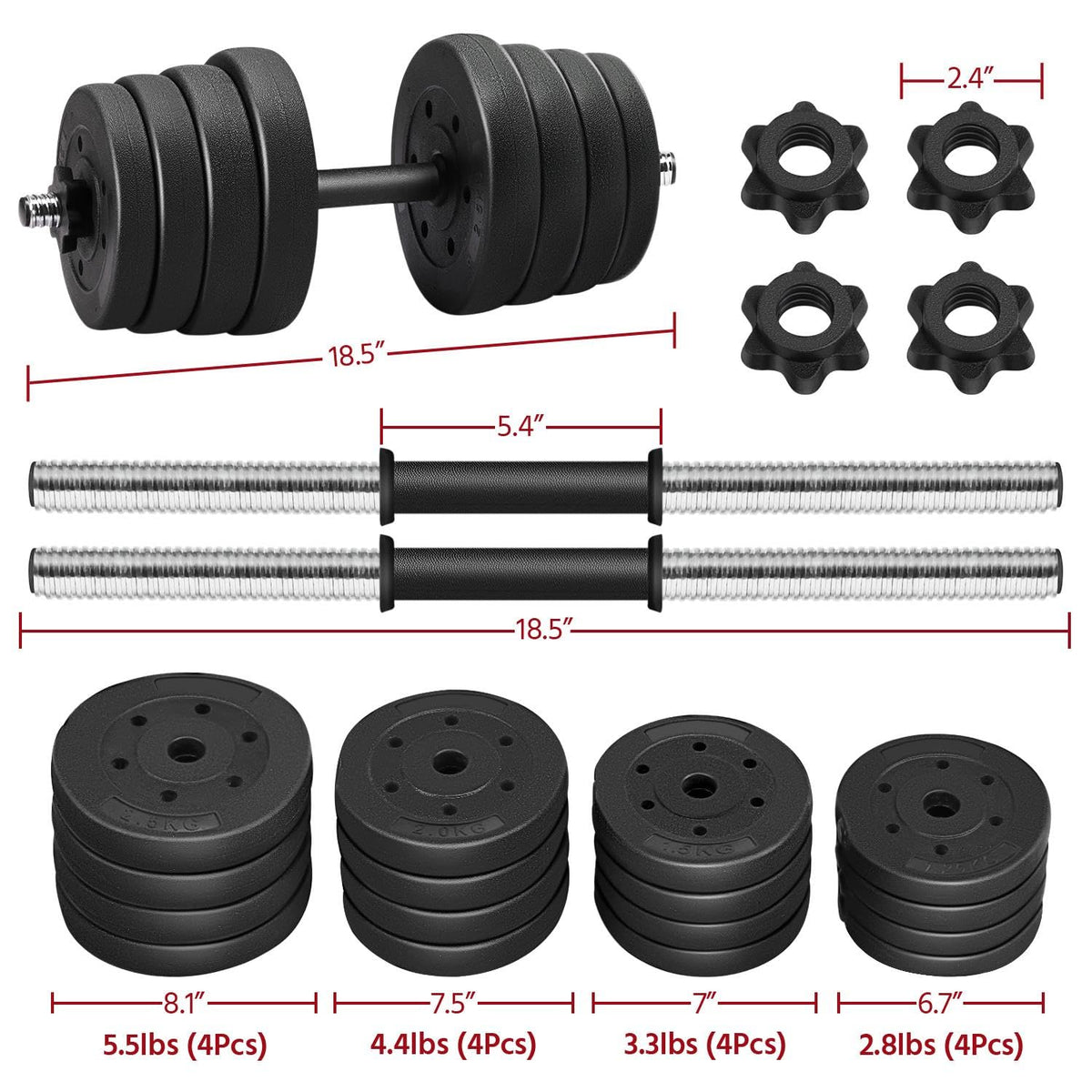 Yaheetech Adjustable Dumbbells Weight Set - 66LB Dumbbell Weights Exercise & Fitness Equipment w/ 4 Spinlock Collars & 2 Connector Options for Women & Men Gym Home Strength Bodybuilding Training