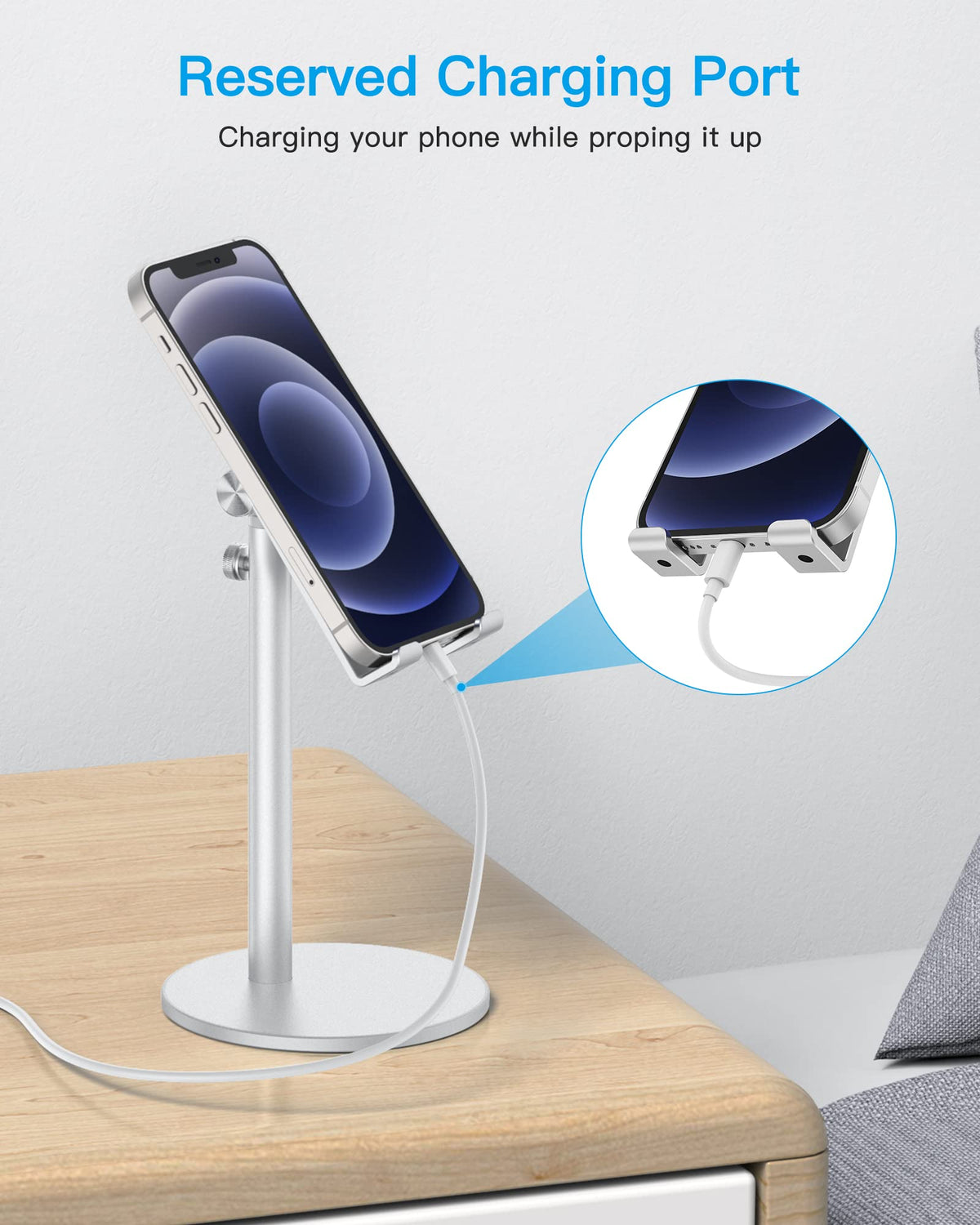 OMOTON Cell Phone Stand, Angle Height Adjustable Phone Holder, Aluminum Desktop Phone Dock for Desk, Compatible with iPhone 17 Pro Max, All Smartphones and Tablets(4-11''), Silver