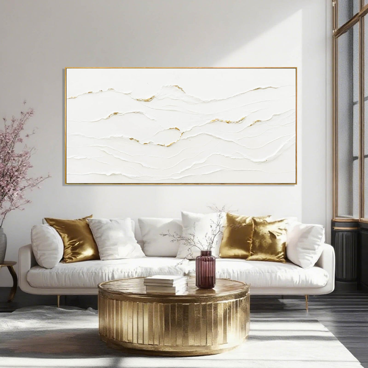WINKAILIN Minimalist White and Gold Line Artwork with Frame Hand Painted Abstract Canvas Wave Wall Art for Bedroom Living Room Office 24"x48"