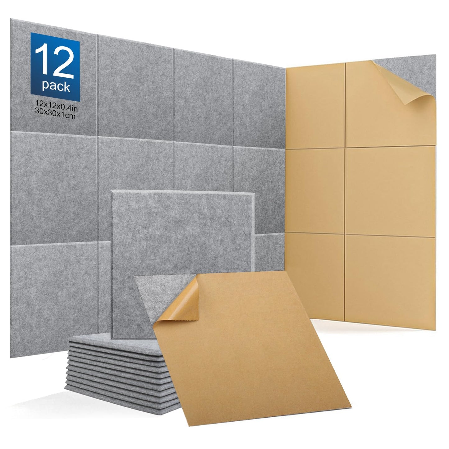 12Pack Acoustic wall Panels Panels 0.4" x 12" x 12" Soundproof Wall Panels Noise High Density Sound Dampening Panels Panels for Home Office Recoding Studio with self Adhesive Acoustic Panels.