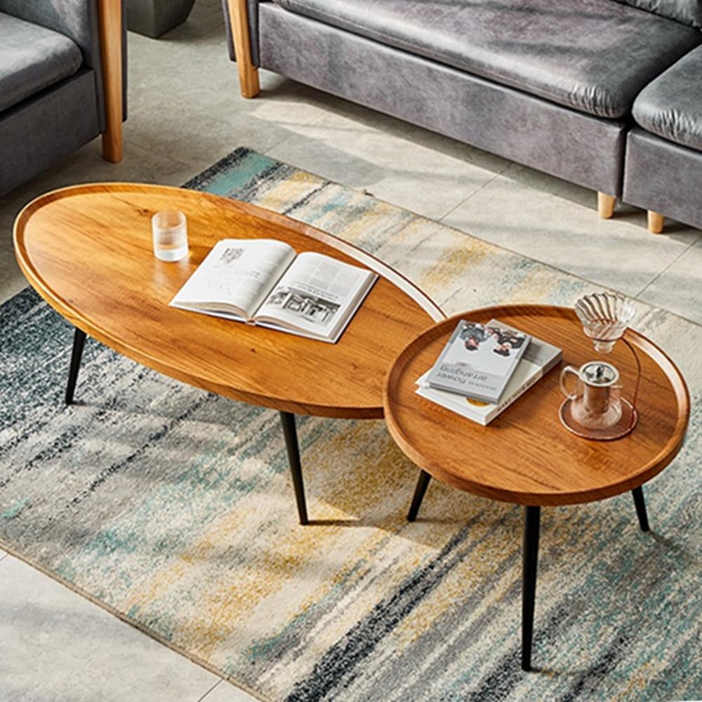 Wooden Coffee Table Rustic Nesting Tables Oval Walnut Coffee Table Modern Sofa Table End Tables for Living Room Home Office Coffee Shop (23.6“ Size)