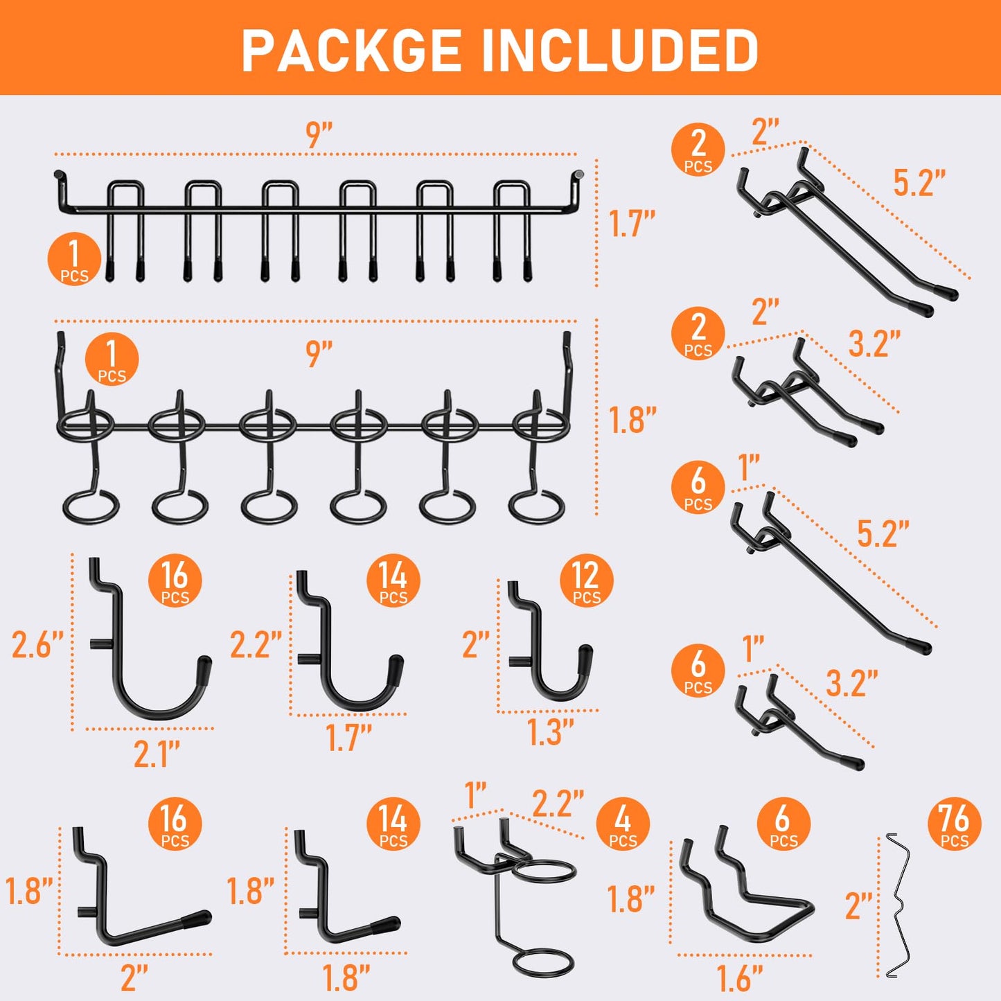 INCLY 176PCS Extra Thick Pegboard Hooks, 1/4" Heavy Duty Black Metal Peg Board Hooks Assortment with Peg Locks Pegboard Accessories Kit for Garage Wall Organizer Hanging Tools