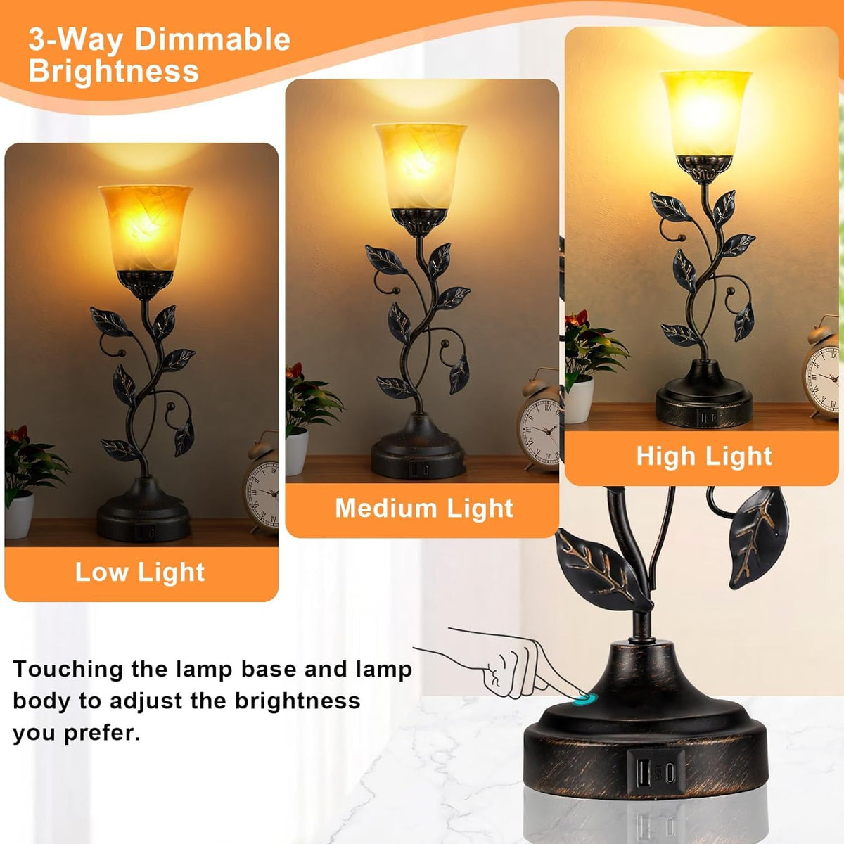 Modxian Vintage Bedside Touch Control Table Lamp 3 Way Dimmable, Amber Glass LED Reading Nightstand Light with 2 USB Charging Ports, Farmhouse Bronze Finish Leaf Desk Lamp for Living Room Bedroom