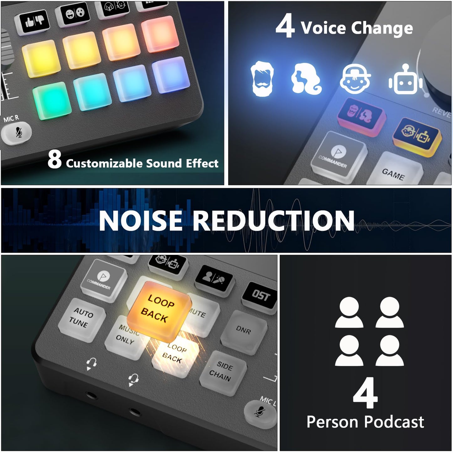 SquarockTek Podcast Equipment Bundle for 4, All-in-One Audio Mixer with Dynamic Micophones Noise Reduction for Live Streaming/Recording/Singing，PC,Smartphone，TikTok M100 3rd