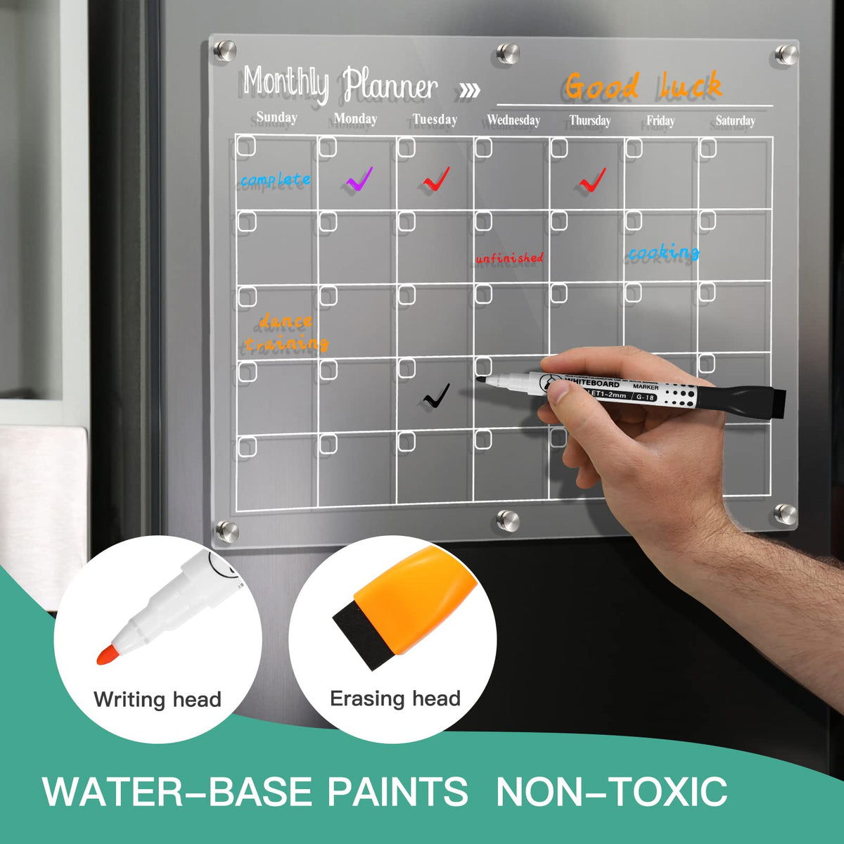 LCPCX Acrylic Magnetic Dry Erase Board for Fridge, Set of 3 Transparent Monthly & Weekly Planning Boards, Includes 6 Dry Erase Markers, 1 Eraser and Magnetic Pen Holder