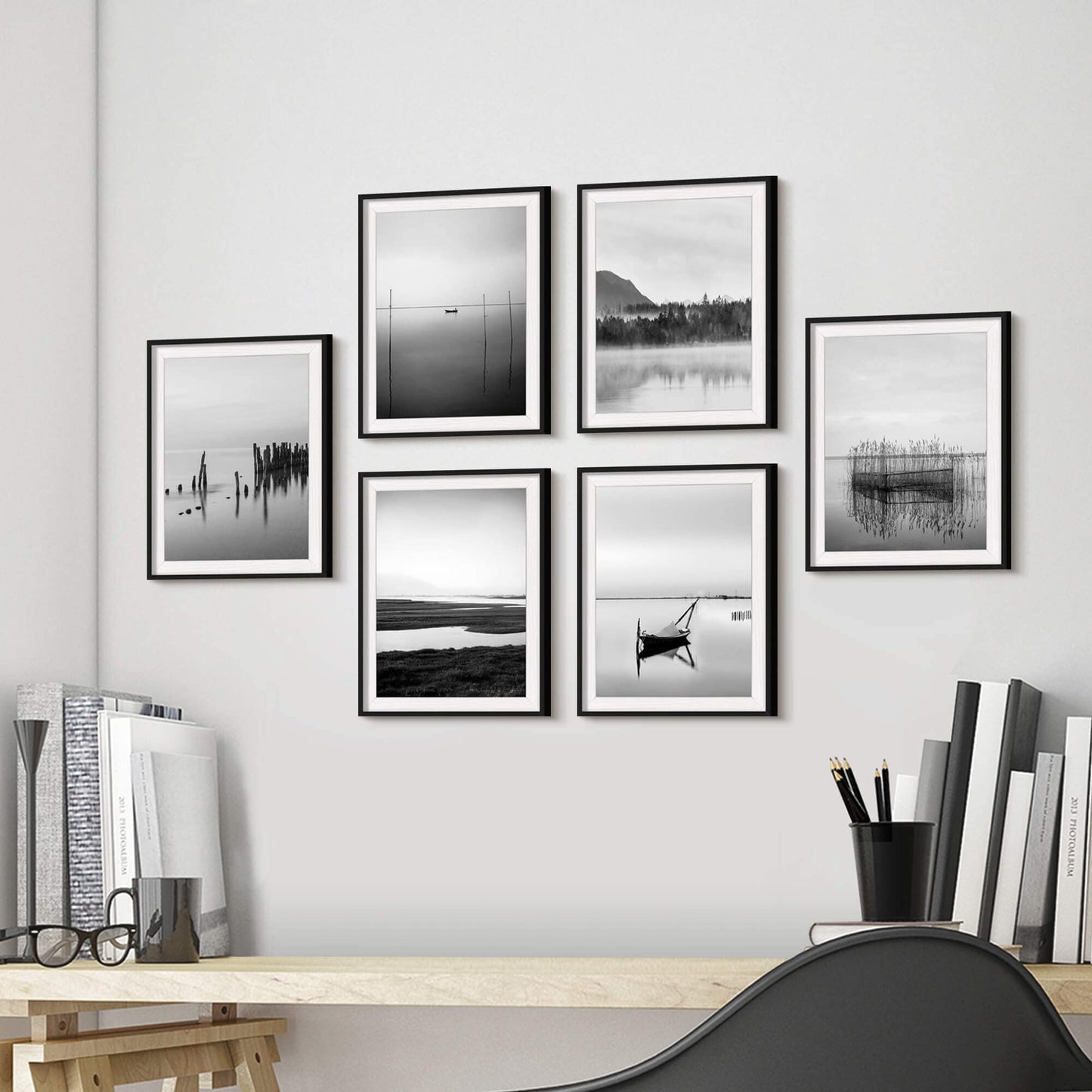 Lake Framed Wall Art Decor: Calming Nature Landscape Artwork 6 Piece Black Scenery Painting Print Vertical Boat Picture for Office Home Bedroom Living Room (Glass Panel Protection)