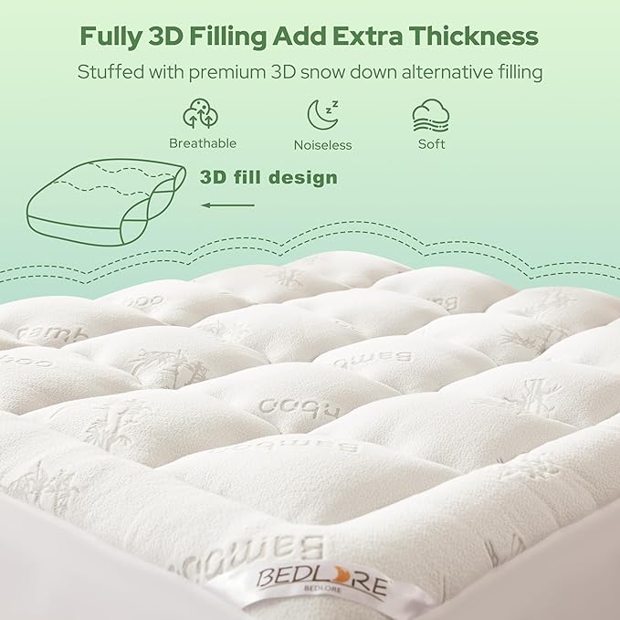 BEDLORE Twin XL Mattress Topper Viscose Derived from Bamboo, Thick Pillow Top