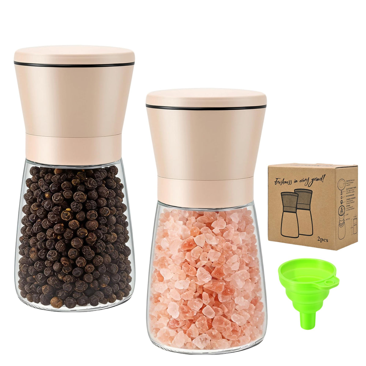 R DRURLCD 2PK Beige Salt and Pepper Grinder Set, Short Glass Shakers with Stainless Steel & Glass Mills, Adjustable Coarseness for Kitchen, Dining & BBQ W/Funnel