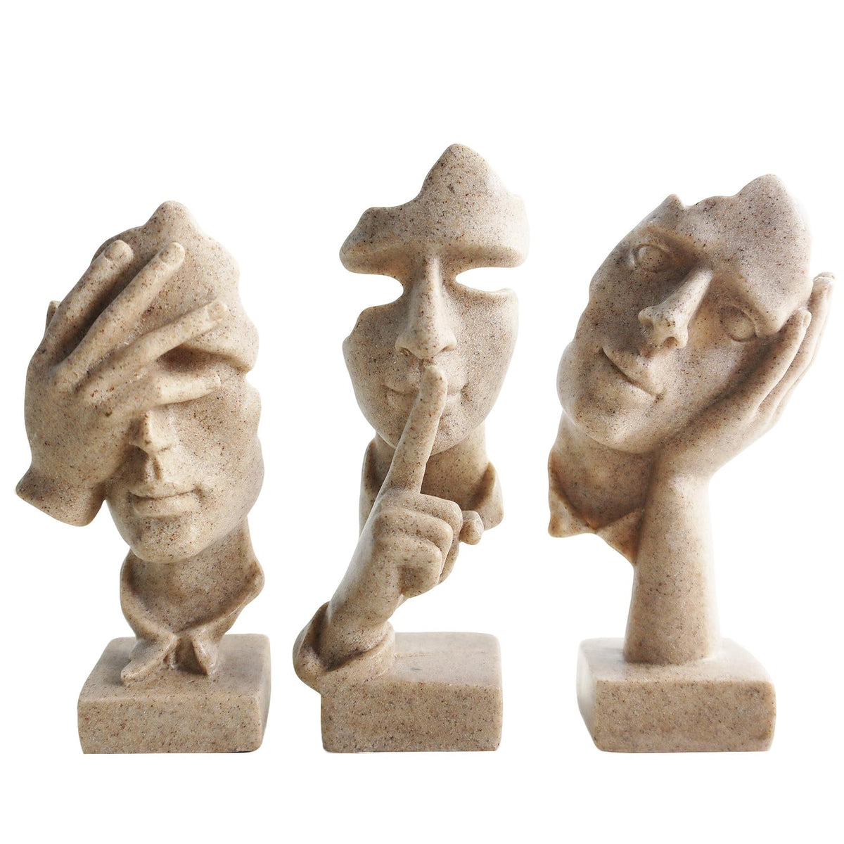 aboxoo Large Size 3 Pcs Thinker Statue, Silence is Gold, See No Evil Hear No Evil Speak No Evil Statues, Modern Resin Sculptures Decor for Living Room, Home, Office Study (Sandy)